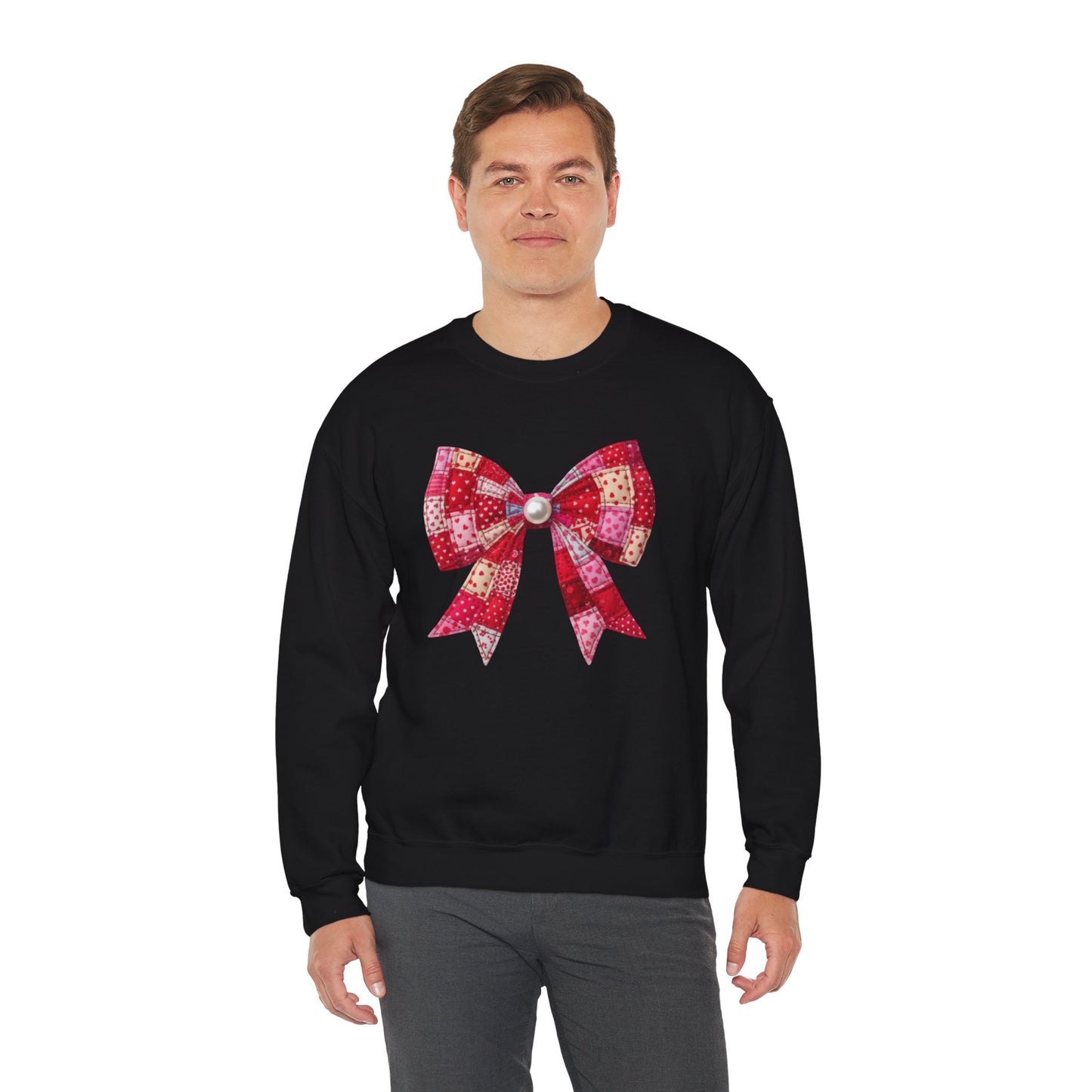 Faux Patchwork Bow Sweatshirt, Quilted Look Bow Crewneck, Pearl Bow Pullover, Cozy Coquette Sweatshirt, Girly Valentine Gift