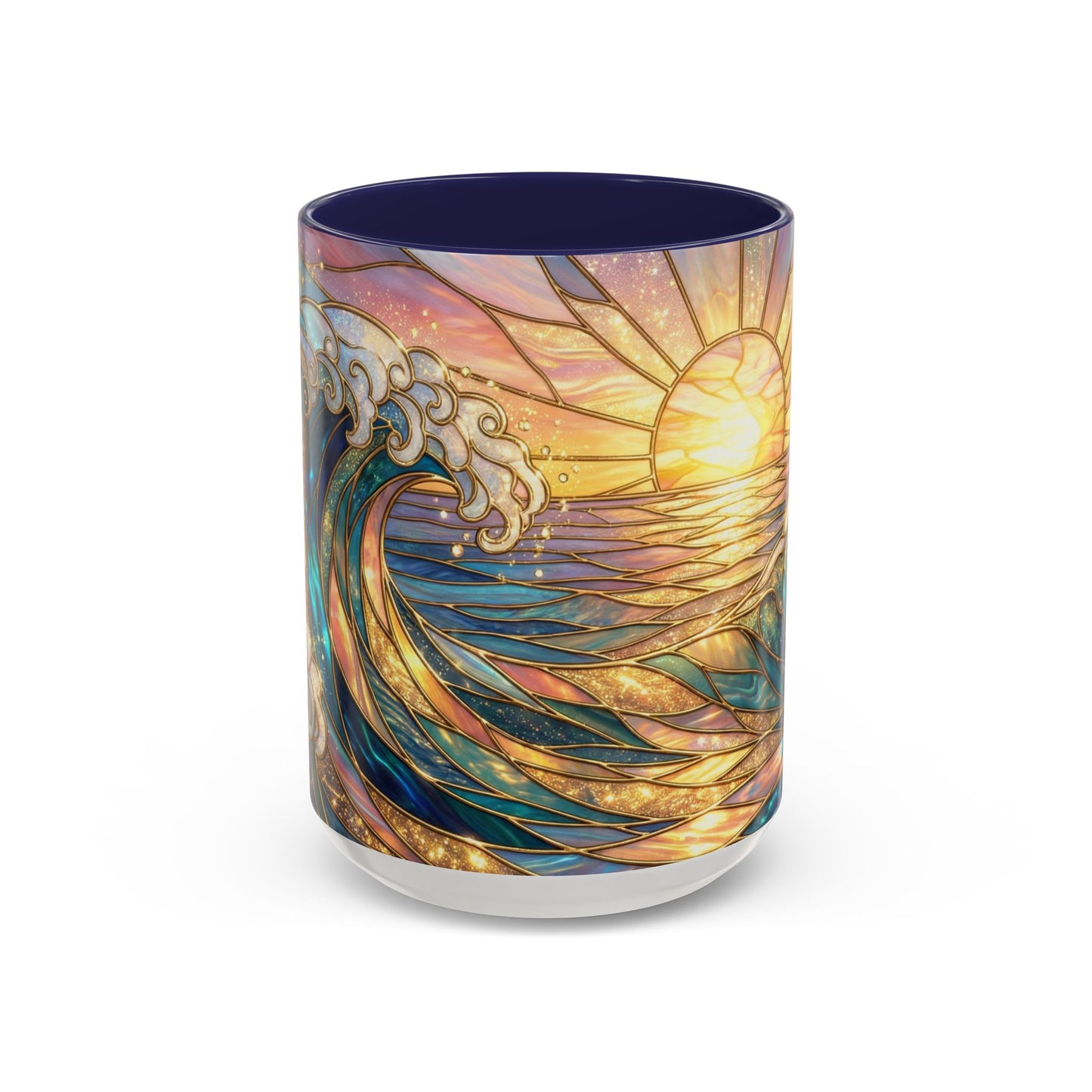 Stained Glass Ocean Wave Mug, Sunrise Beach Coffee Cup, Japanese Art Gift, Coastal Decor Kitchen, Mosaic Sea Tea Cup, Blue Gold Nature Lover