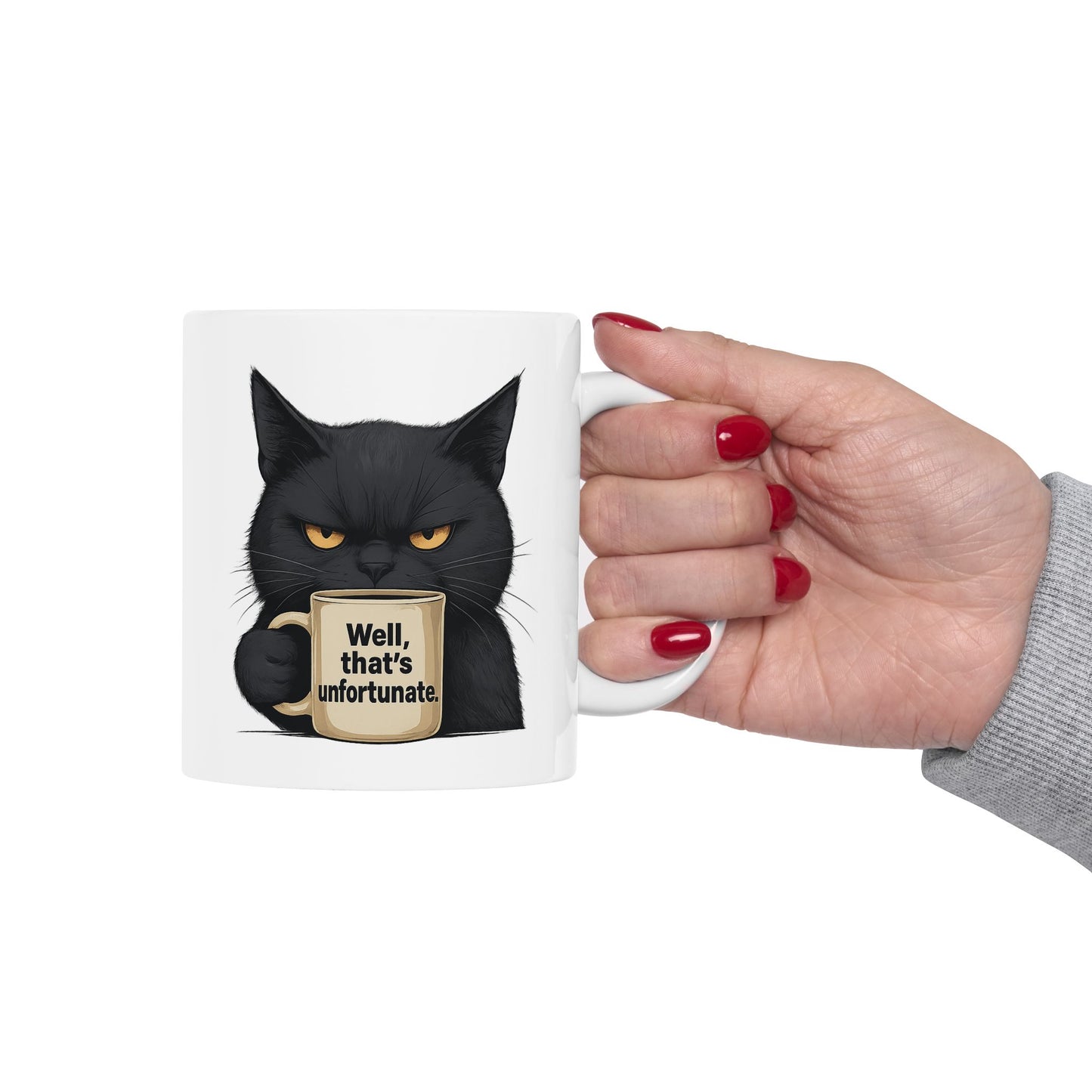 Sarcastic Black Cat Coffee Mug 11 oz or 15oz - “Well, thats unfortunate.” Funny Grumpy Cat Meme Gift, Office Humor, Tea Cup, Sarcasm Lover