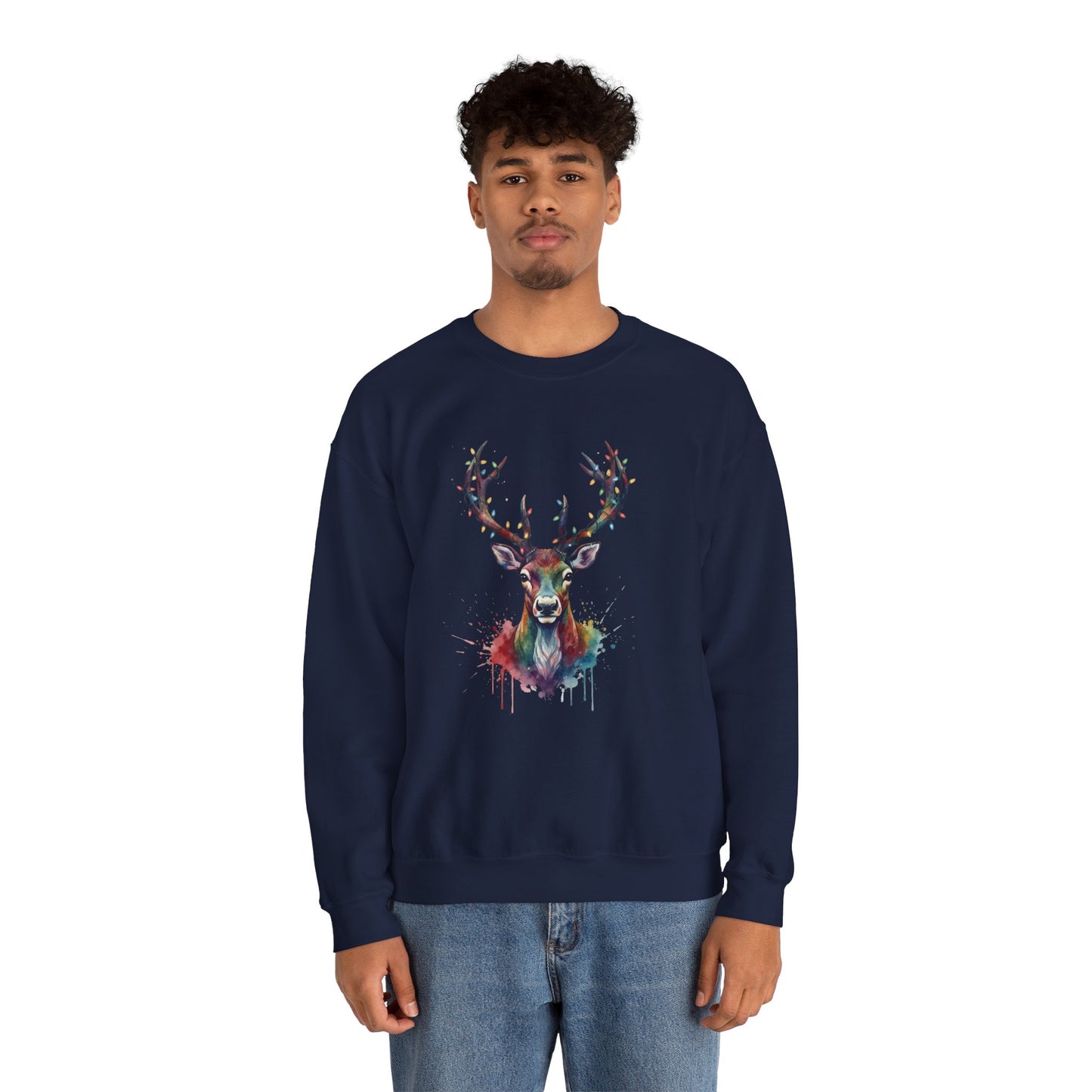 Colorful Reindeer Christmas Sweatshirt, Holiday Deer Lights Sweater, Watercolor Winter Crewneck, Festive Cozy Gift For Him Or Her