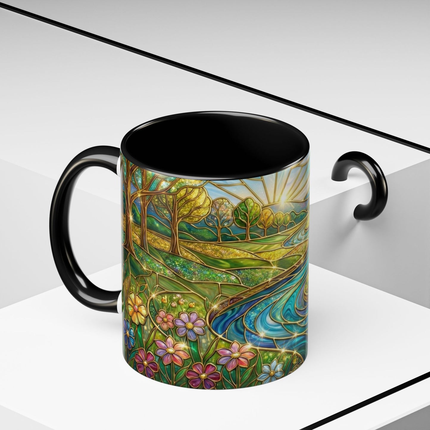 Stained Glass Mug, River Landscape Coffee Cup, Nature Lover Gift, Floral Tea Mug, Gardener Present, Art Teacher Gift, Colorful Scenery Cup