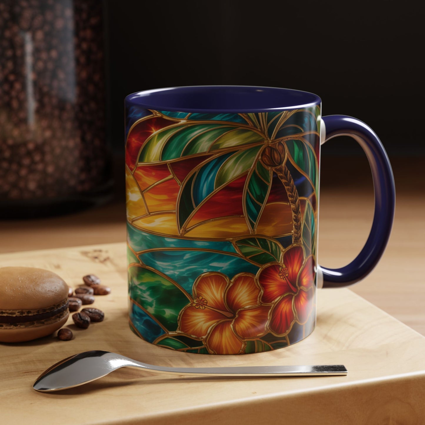 Stained Glass Tropical Sunset Mug, Hibiscus Flower Coffee Cup, Beach Lover Gift, Colorful Palm Tree Mug, Coastal Art Drinkware, Summer Cup