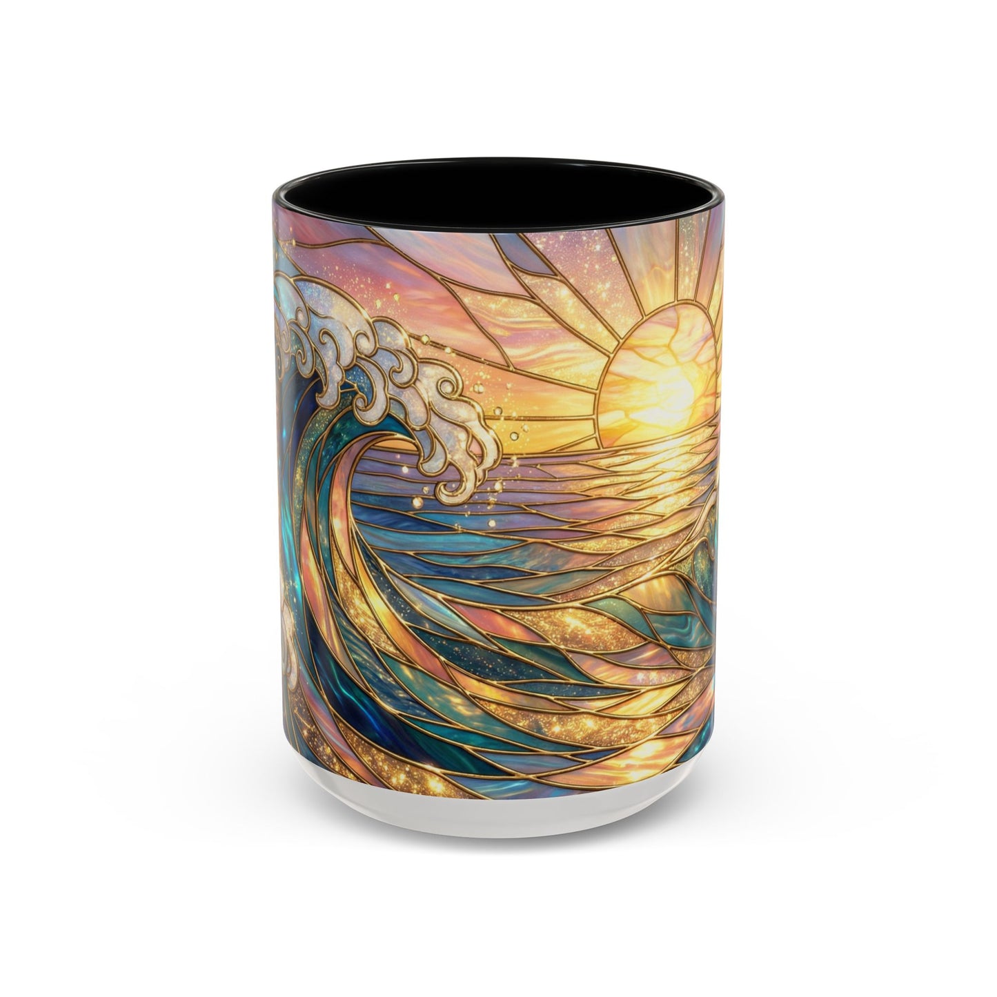 Stained Glass Ocean Wave Mug, Sunrise Beach Coffee Cup, Japanese Art Gift, Coastal Decor Kitchen, Mosaic Sea Tea Cup, Blue Gold Nature Lover