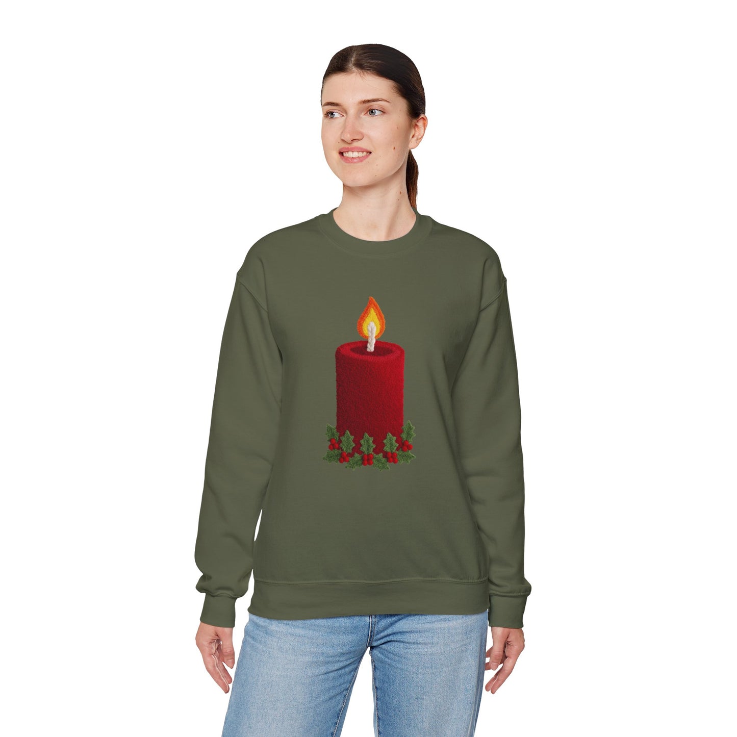 Faux Patchwork Crochet Candle Sweatshirt, Christmas Candle Sweater, Holiday Cozy Winter Crewneck, Cute Xmas Candle Sweatshirt, Unisex Holiday Top
