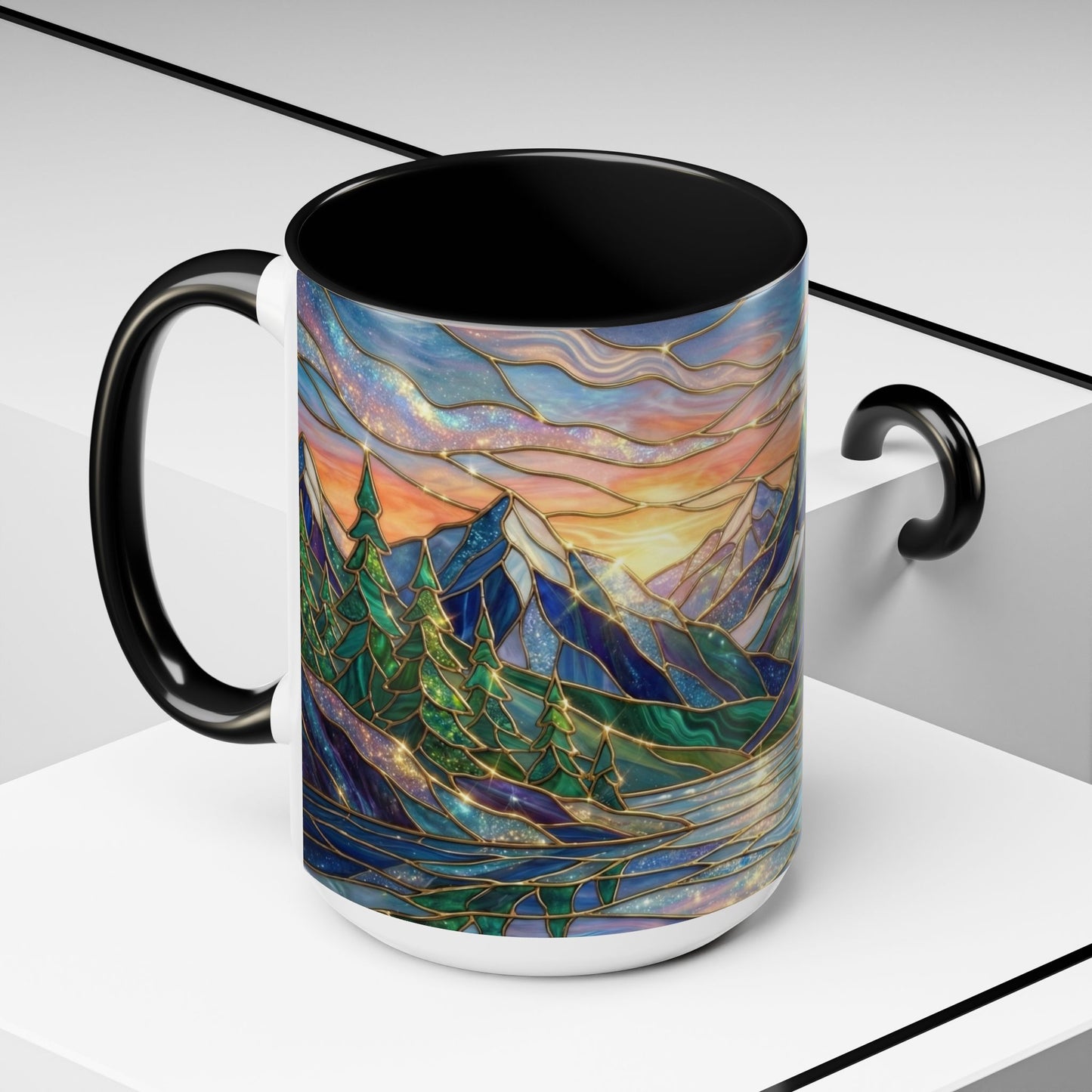 Stained Glass Mountain Mug, Sunset Mountain Landscape Coffee Cup, Nature Ceramic Mug With Forest And River, 11oz 15oz Gift