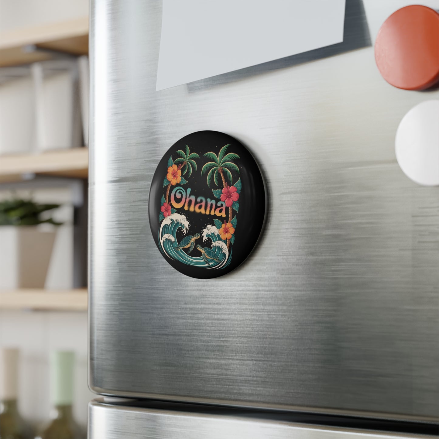 Ohana Magnet – Retro Hawaiian Palm Tree & Sea Turtle Button Magnet for Fridge or Locker – Aesthetic Tropical Gift with Island Vibes
