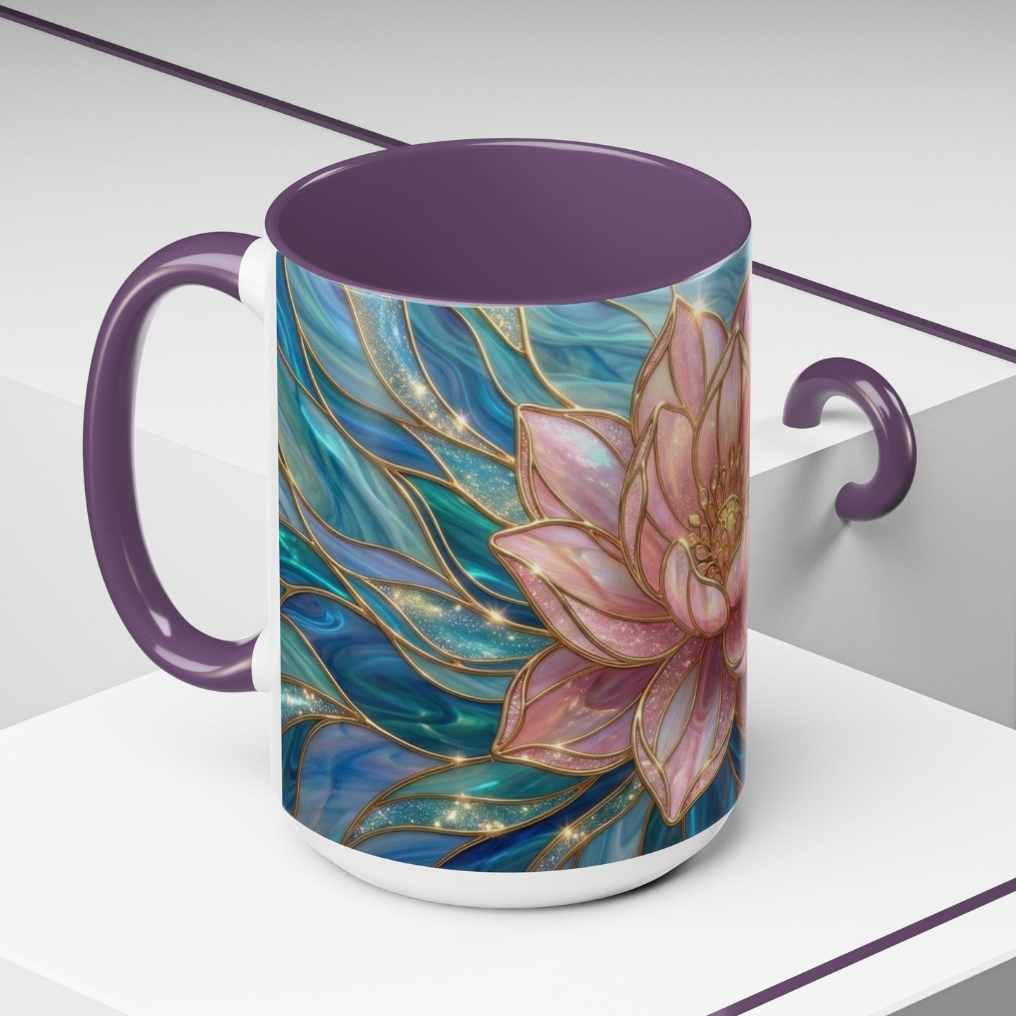 Pink Lotus Flower Mug, Stained Glass Style Coffee Cup, Spiritual Zen Gift For Women, Yoga Lover Tea Mug, Meditation Boho Floral Drinkware