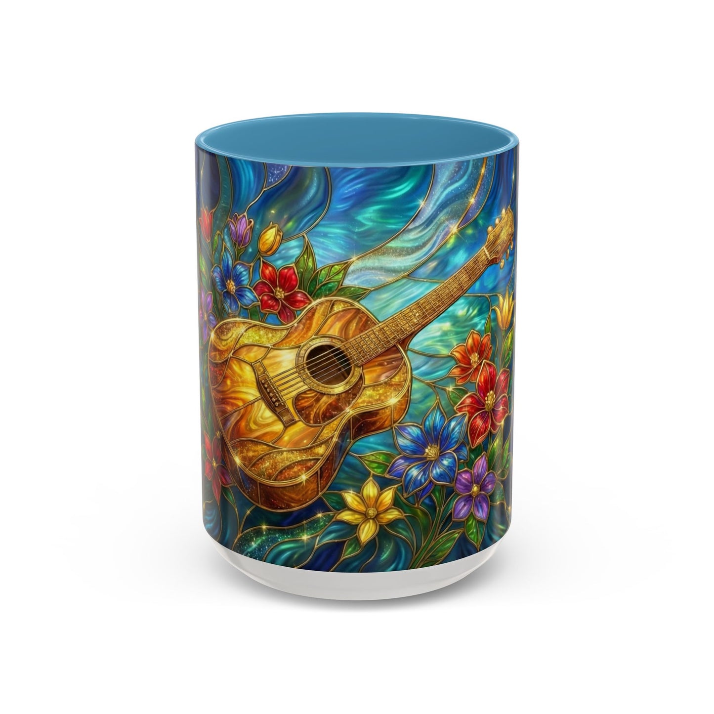 Guitar Coffee Mug, Stained Glass Guitar Art Mug, Music Lover Gift, Floral Acoustic Guitar Mug, Ceramic Coffee Cup, Unique Musician Gift, 11oz