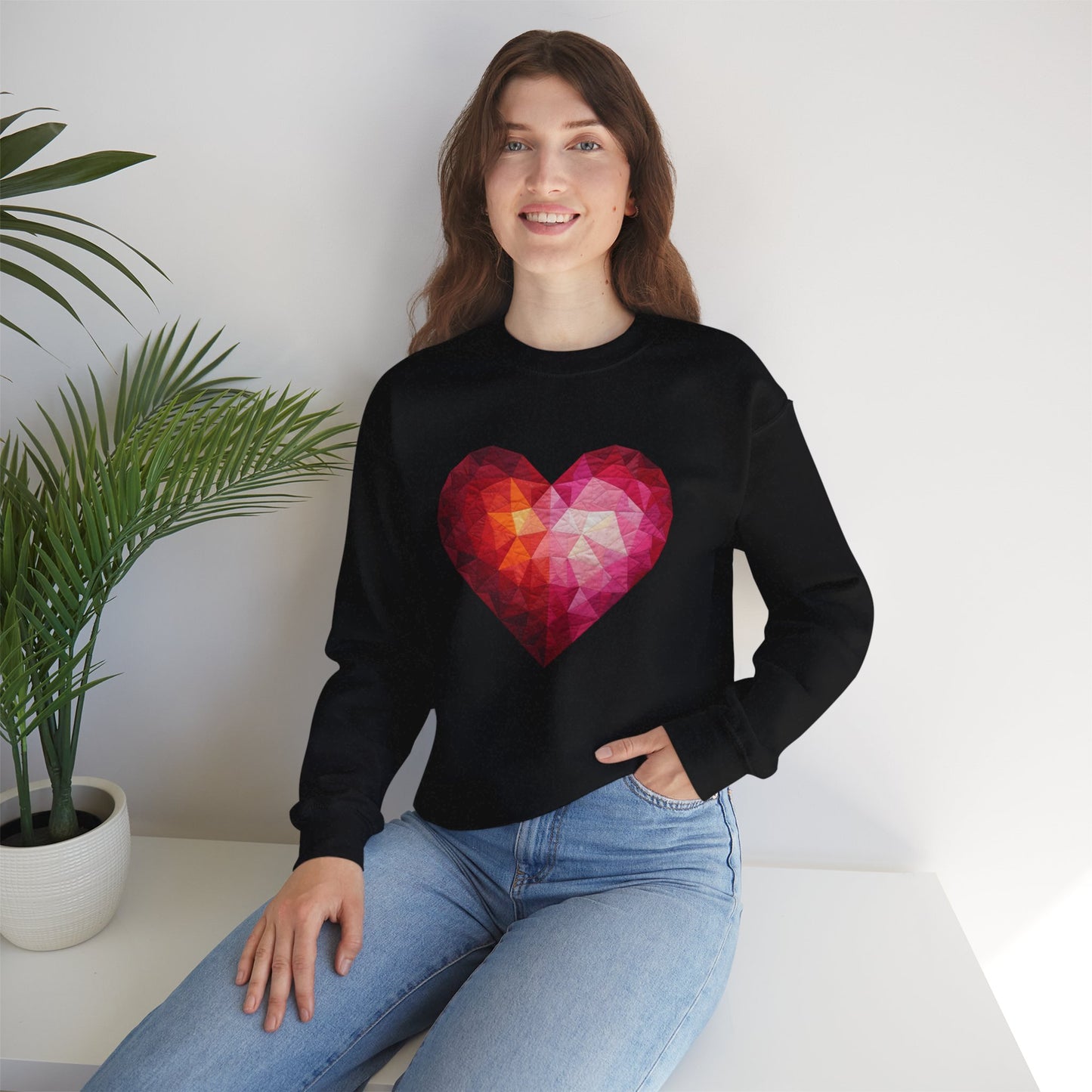 Faux Patchwork Heart Sweatshirt, Geometric Heart Sweater, Cute Valentines Sweatshirt, Cozy Pink Heart Crewneck, Winter Heart Pullover
