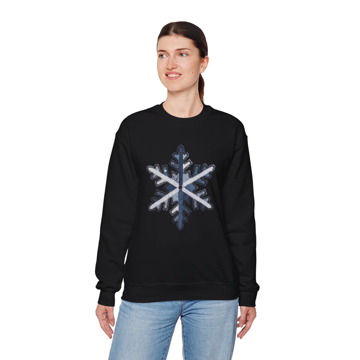 Faux Patchwork Snowflake Sweatshirt, Winter Snowflake Crewneck, Cozy Christmas Sweatshirt, Holiday Patchwork Sweater, Winter Gift