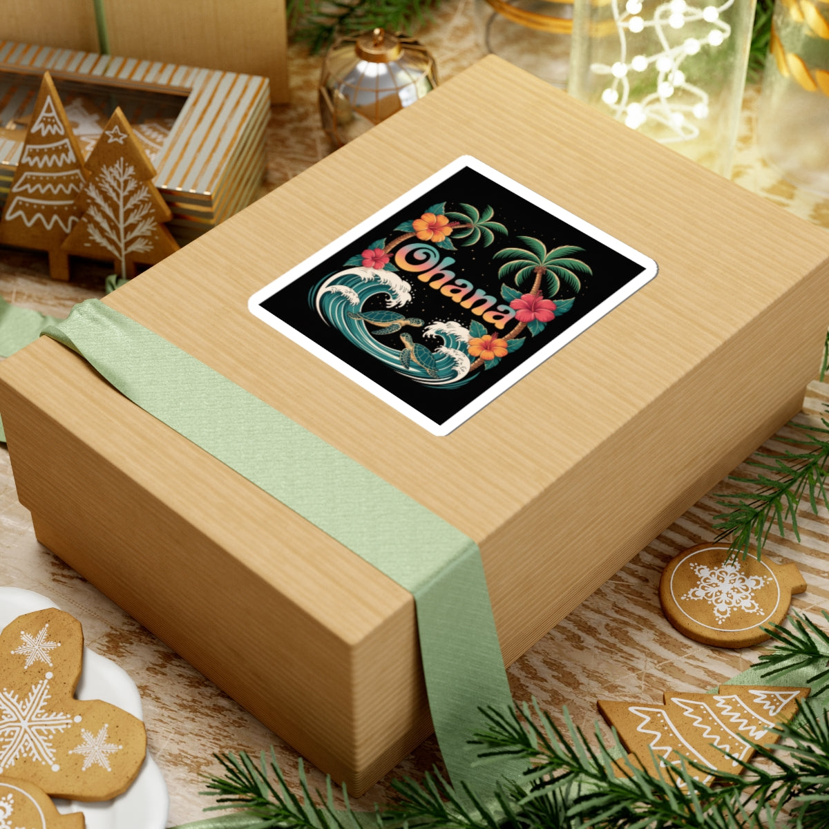 Ohana Sticker – Retro Hawaiian Sea Turtle Decal with Palm Trees & Waves – Waterproof Vinyl Laptop or Water Bottle Tropical Gift