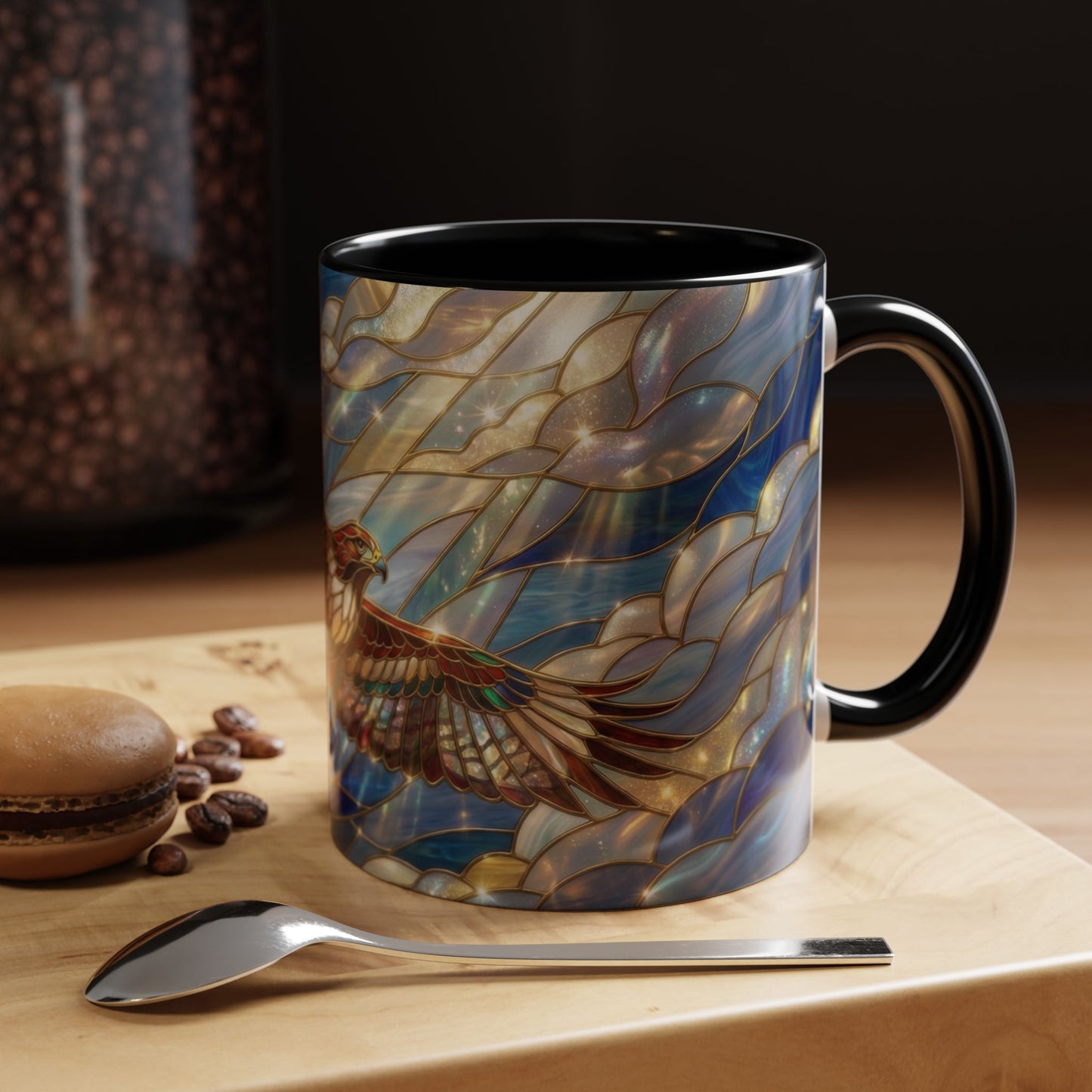 Stained Glass Hawk Mug, Soaring Bird Coffee Mug, Nature Art Hawk Cup, Bird Lover Gift, Stained Glass Style Animal Mug