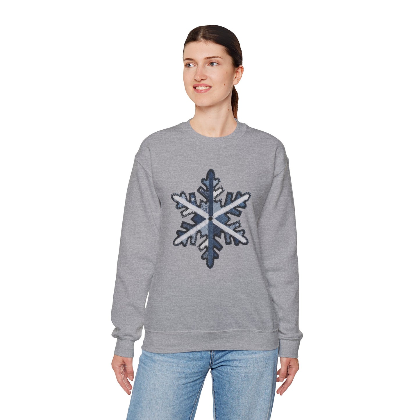Faux Patchwork Snowflake Sweatshirt, Winter Snowflake Crewneck, Cozy Christmas Sweatshirt, Holiday Patchwork Sweater, Winter Gift