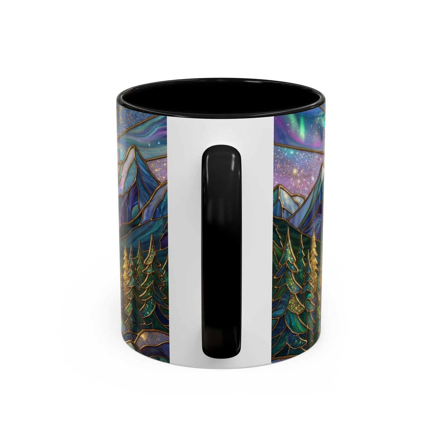 Stained Glass Mountain Mug, Mountain Landscape Coffee Cup, Galaxy Sky Nature Ceramic Mug, Sunrise River Forest Art, 11oz 15oz Gift