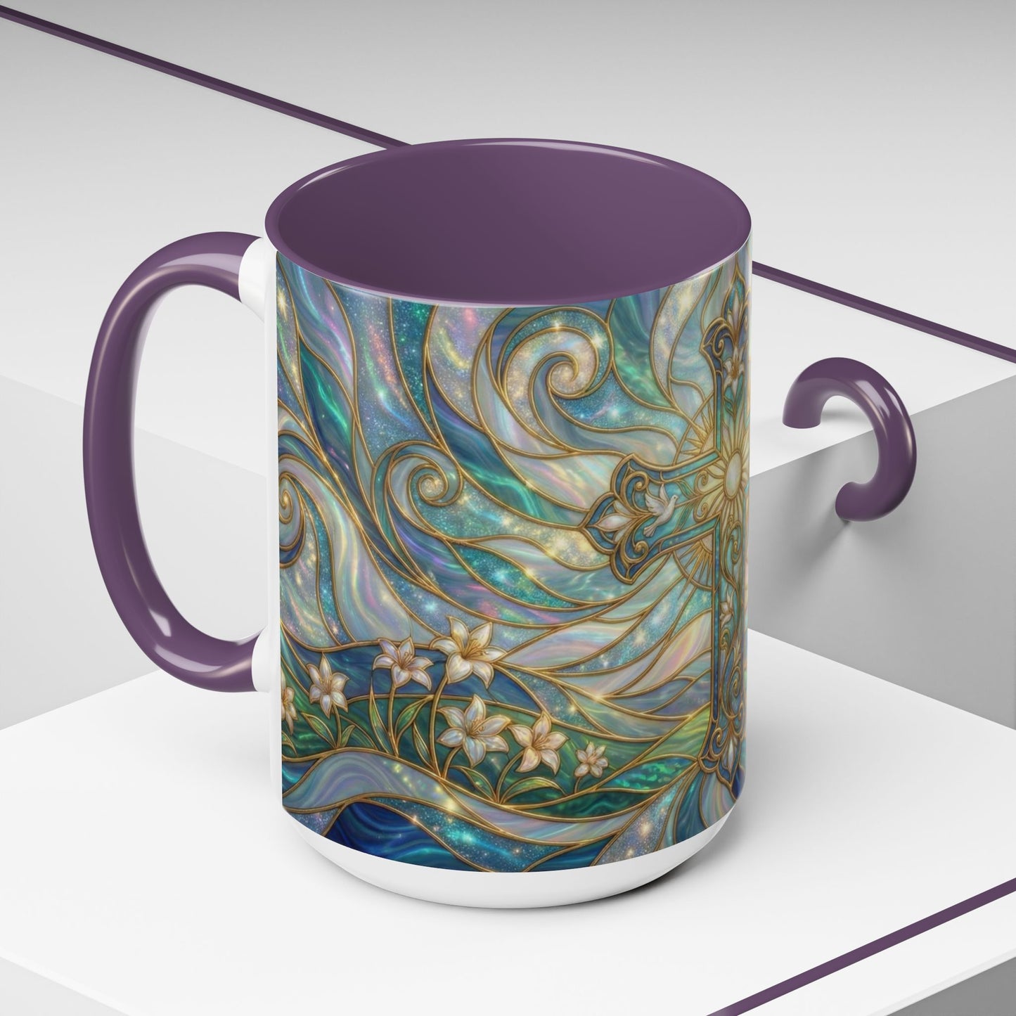 Stained Glass Cross Mug, Christian Coffee Cup, Religious Easter Gift, Celestial Faith Mug, Spiritual Sunrise Cup, Dove Lily Print Mug
