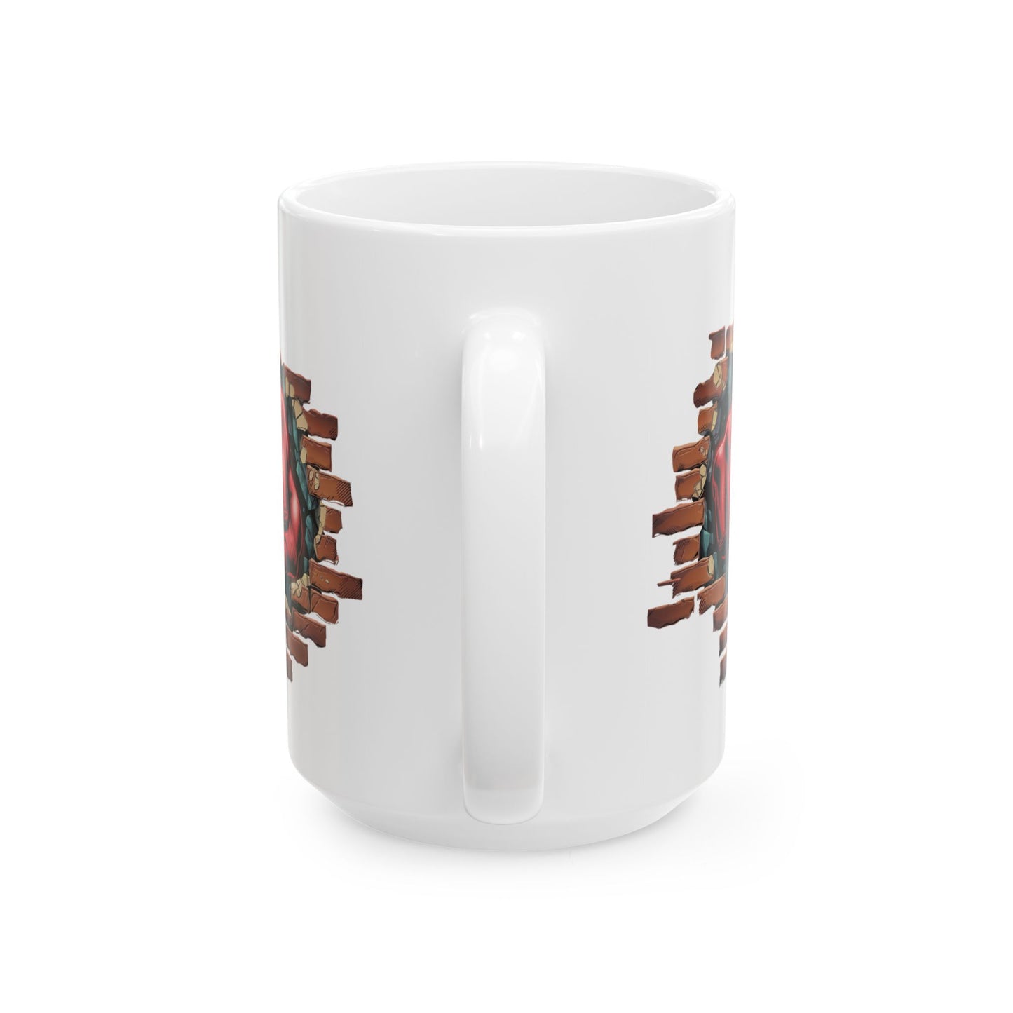 Red Fist Breaking Through Brick Mug – Bold Graphic 11oz or 15oz Ceramic Coffee Cup – Edgy Statement Gift for Him or Her, Cottagecore & Galaxy Aesthetic