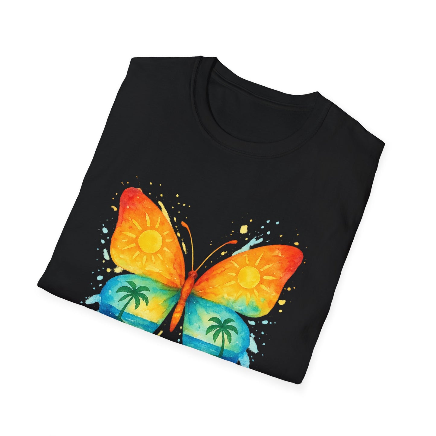 Butterfly Sunset Beach Tee - Ocean & Palm Watercolor Butterfly T-Shirt, Coastal Boho Graphic, Nature Lover Gift, Unisex Casual Tee