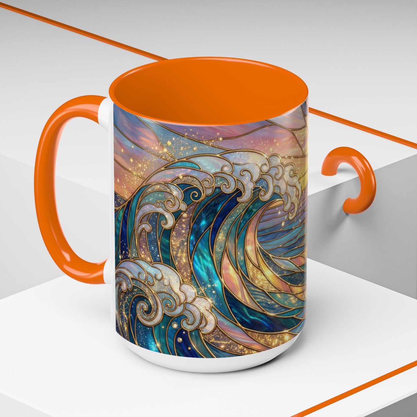 Stained Glass Ocean Wave Mug, Sunrise Beach Coffee Cup, Japanese Art Gift, Coastal Decor Kitchen, Mosaic Sea Tea Cup, Blue Gold Nature Lover