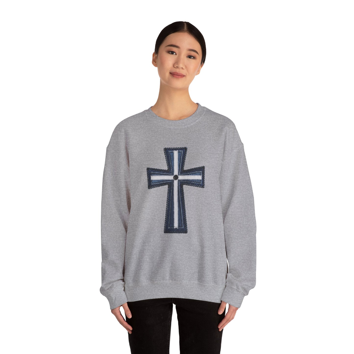 Faux Patchwork Cross Sweatshirt, Christian Patchwork Style Crewneck, Faith Gift for Women Men, Rustic Cross Sweatshirt, Religious Xmas Gift
