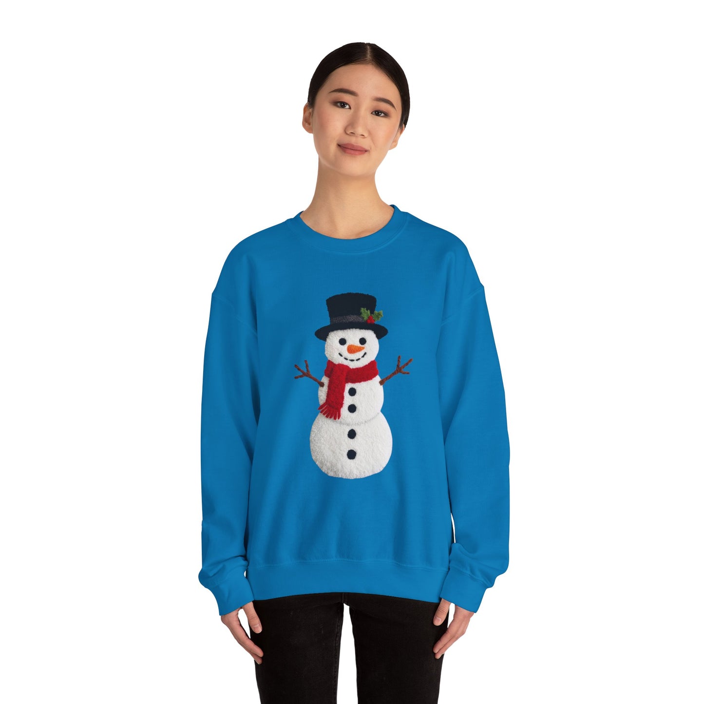 Faux Patchwork Crochet Snowman Sweatshirt, Winter Snowman Crewneck, Cozy Holiday Sweater, Christmas Sweatshirt, Festive Winter Shirt, unisex gift