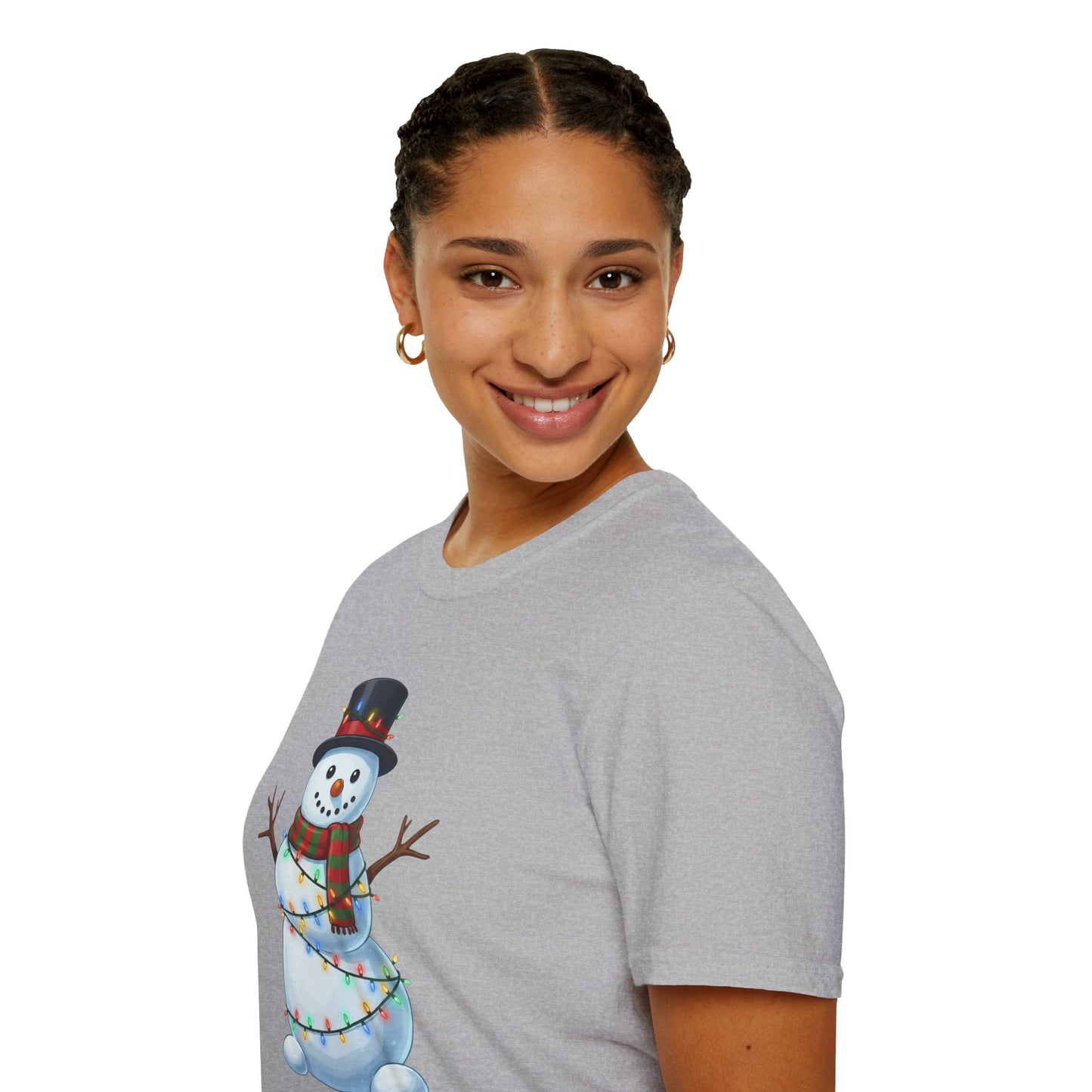 Cute Snowman Christmas Shirt, Snowman Wrapped in Christmas Lights Tee, Holiday Winter Snowman Top Hat Shirt, Funny Cozy Christmas T Shirt