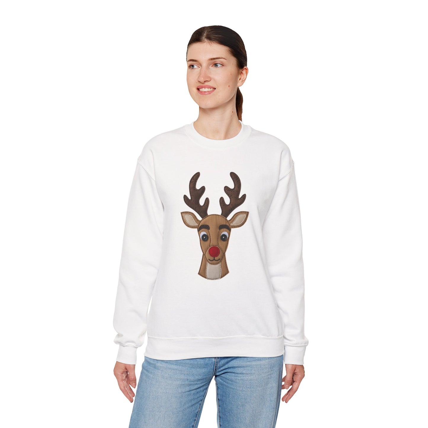 Faux Patchwork Rudolph Sweatshirt, Cute Reindeer Christmas Crewneck, Cozy Holiday Pullover, Winter Reindeer Sweater, Xmas Gift for Women