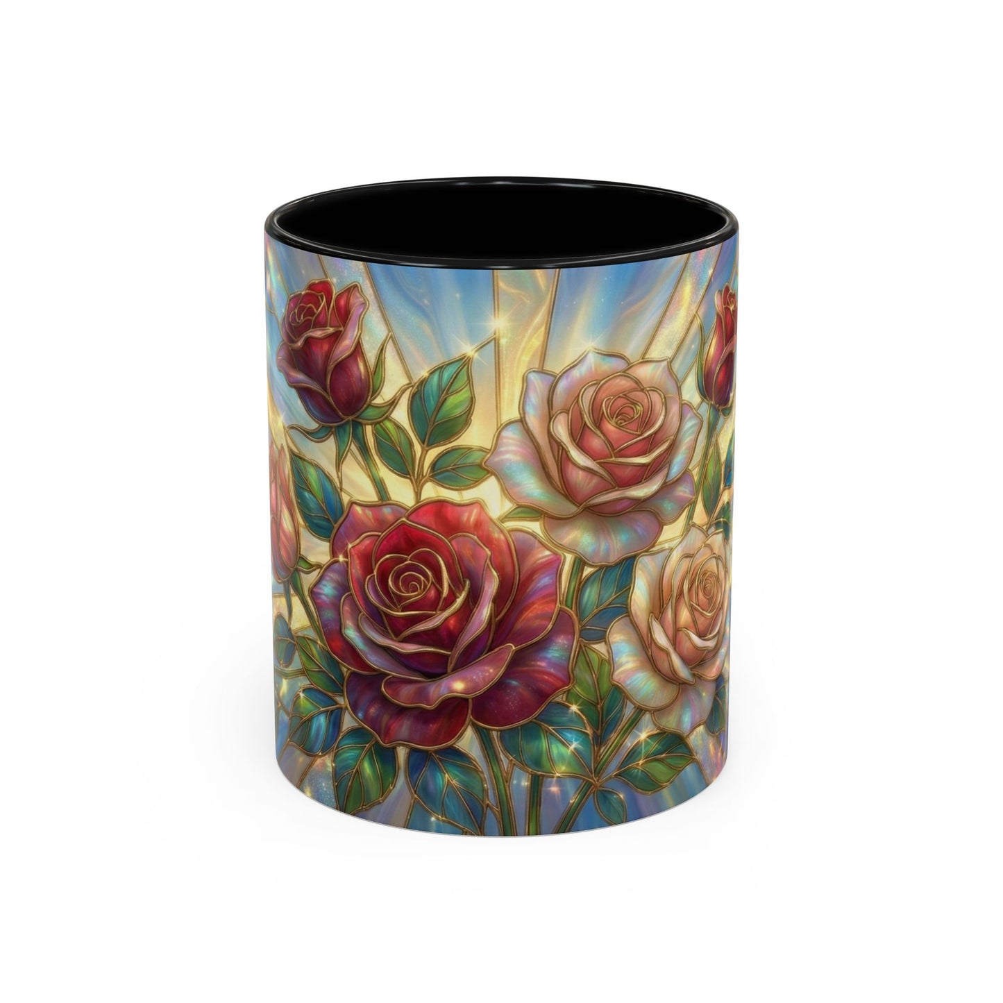 Stained Glass Rose Mug, Floral Art Coffee Cup, Elegant Rose Flower Mug, Blue Gold Glass Style Design, Romantic Gift For Her Decor