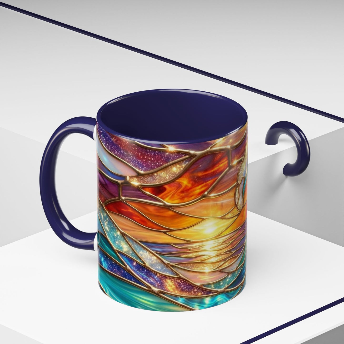 Stained Glass Wave Mug, Cosmic Ocean Coffee Cup, Celestial Sunrise Tea Mug, Surfer Beach Decor Gift, Starry Sea Art, Ocean Lover Cup