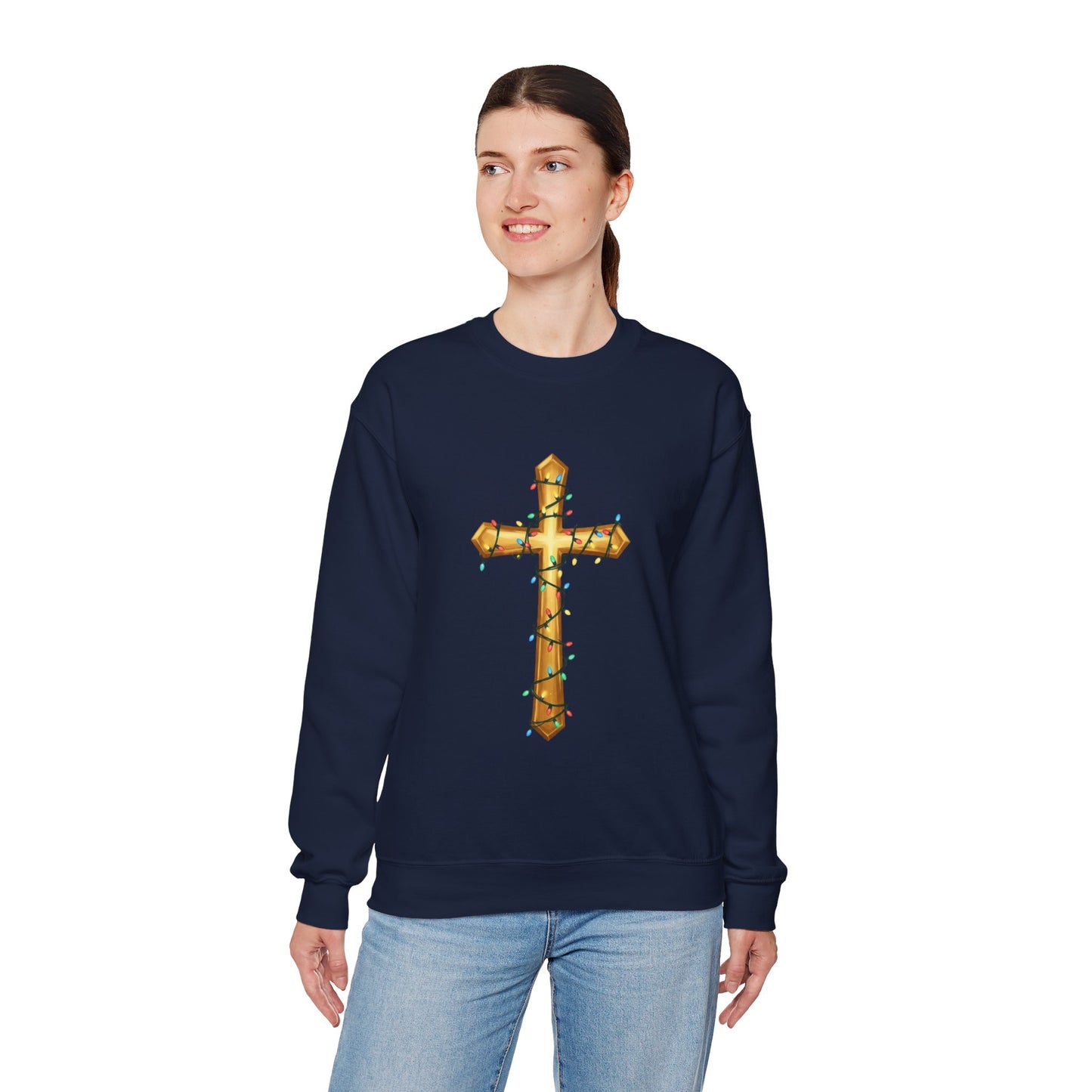 Christmas Cross Lights Sweatshirt, Christian Christmas Sweatshirt, Religious Holiday Cross Sweater, Jesus Christmas Gift, Faith