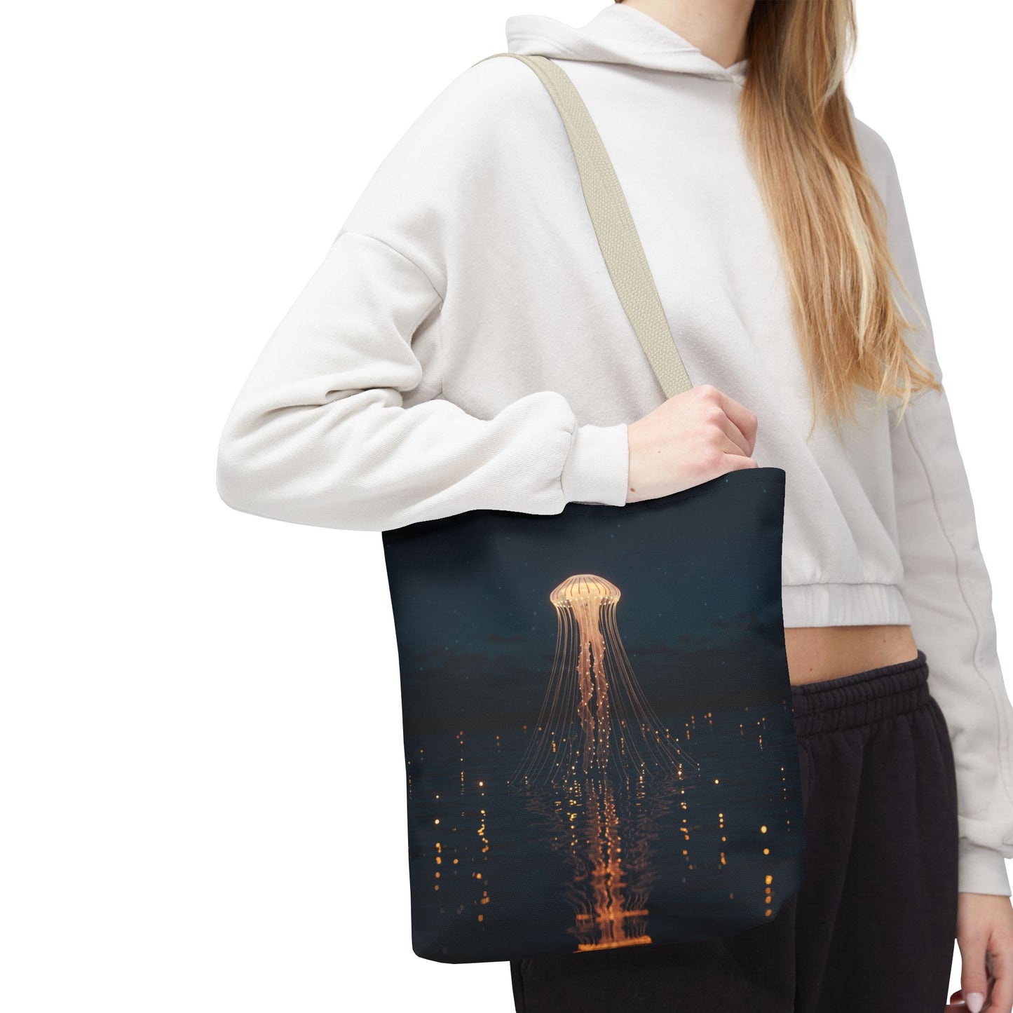 Luminous Jellyfish Tote Bag, Glow-Inspired Ocean Design Shoulder Bag, Durable Polyester Tote For Everyday Style, Gifts, And Coastal Fashion