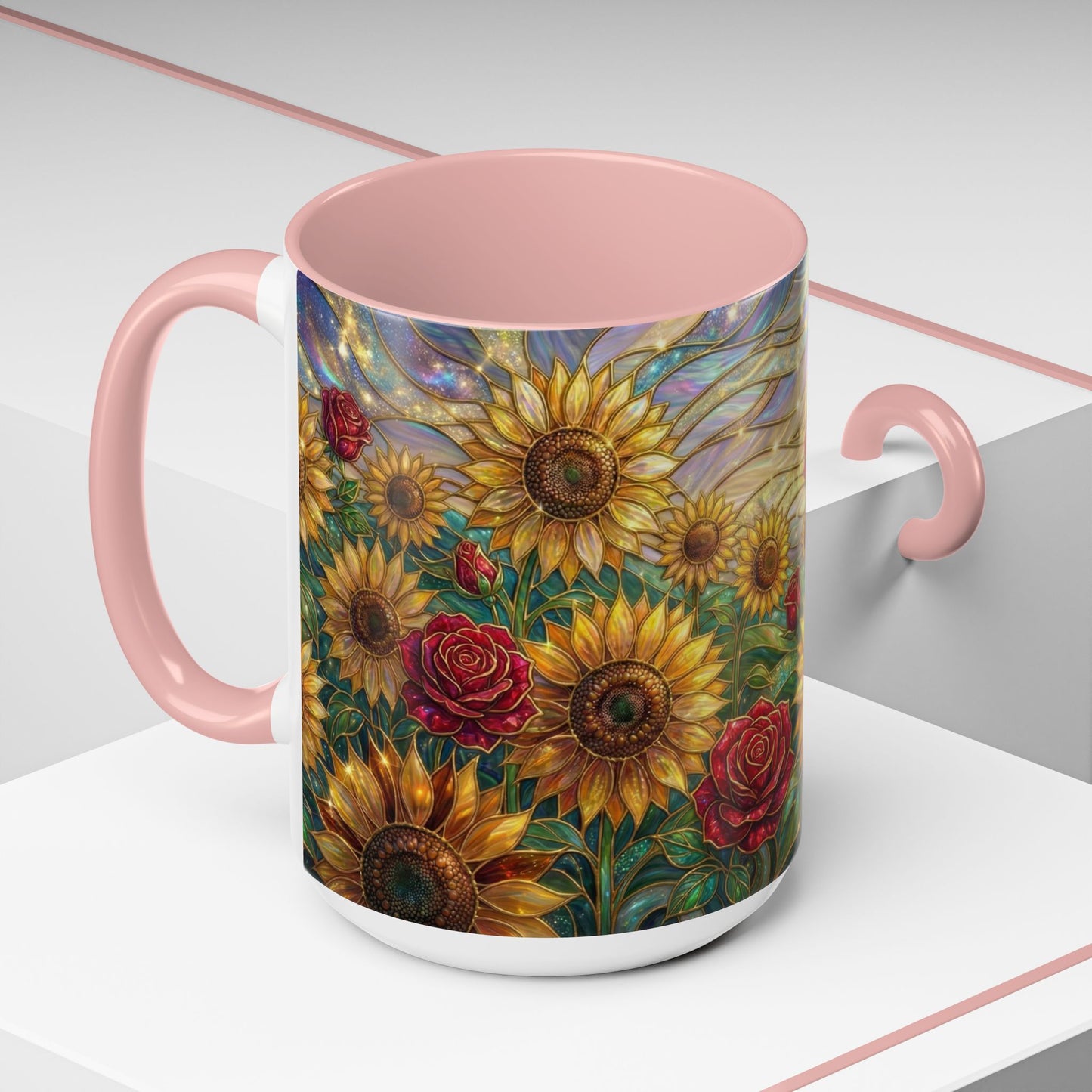 Personalized Stained Glass Sunflower Mug, Custom Red Rose Floral Coffee Cup, Celestial Night Sky Botanical Teacup, Gift For Flower Lover