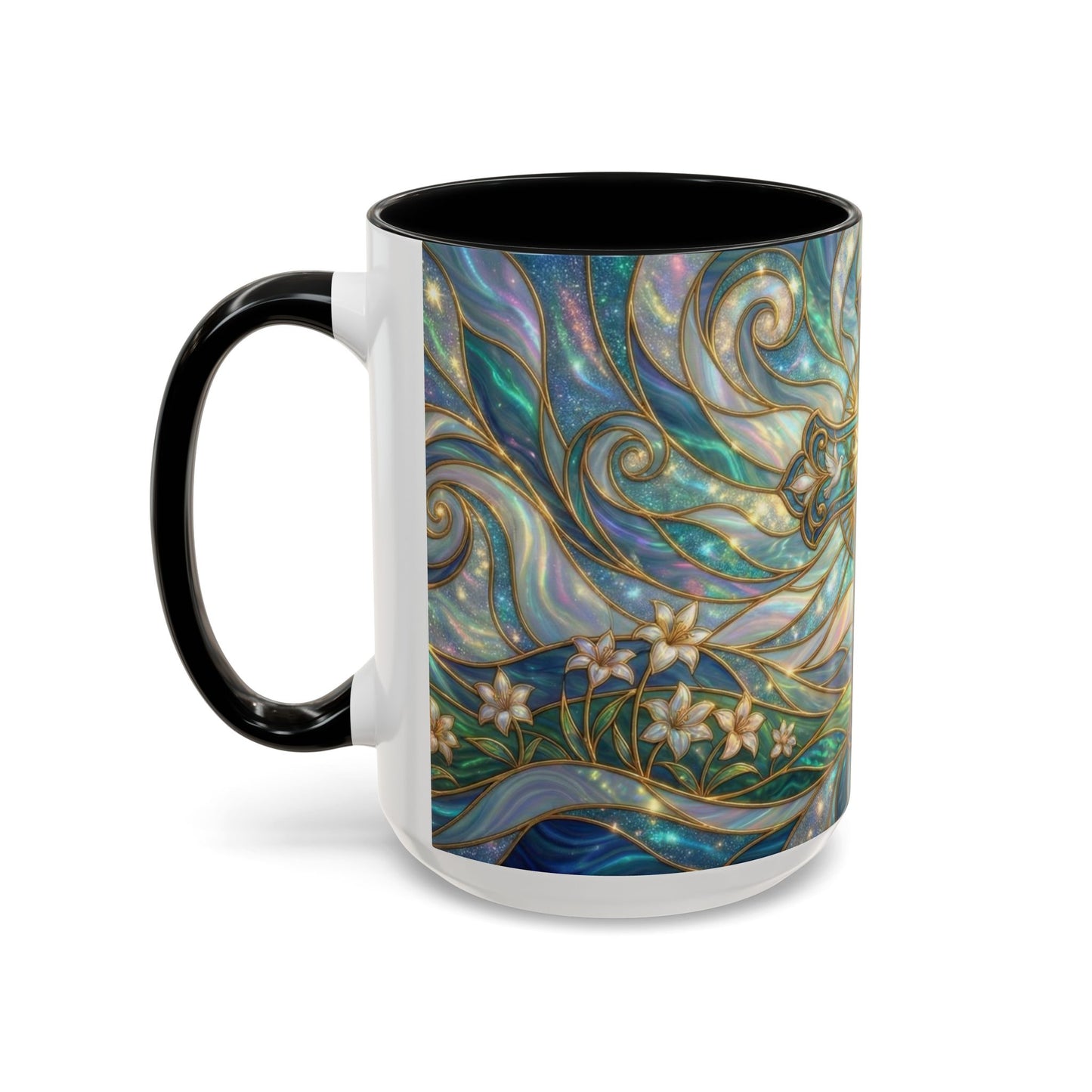Stained Glass Cross Mug, Christian Coffee Cup, Religious Easter Gift, Celestial Faith Mug, Spiritual Sunrise Cup, Dove Lily Print Mug