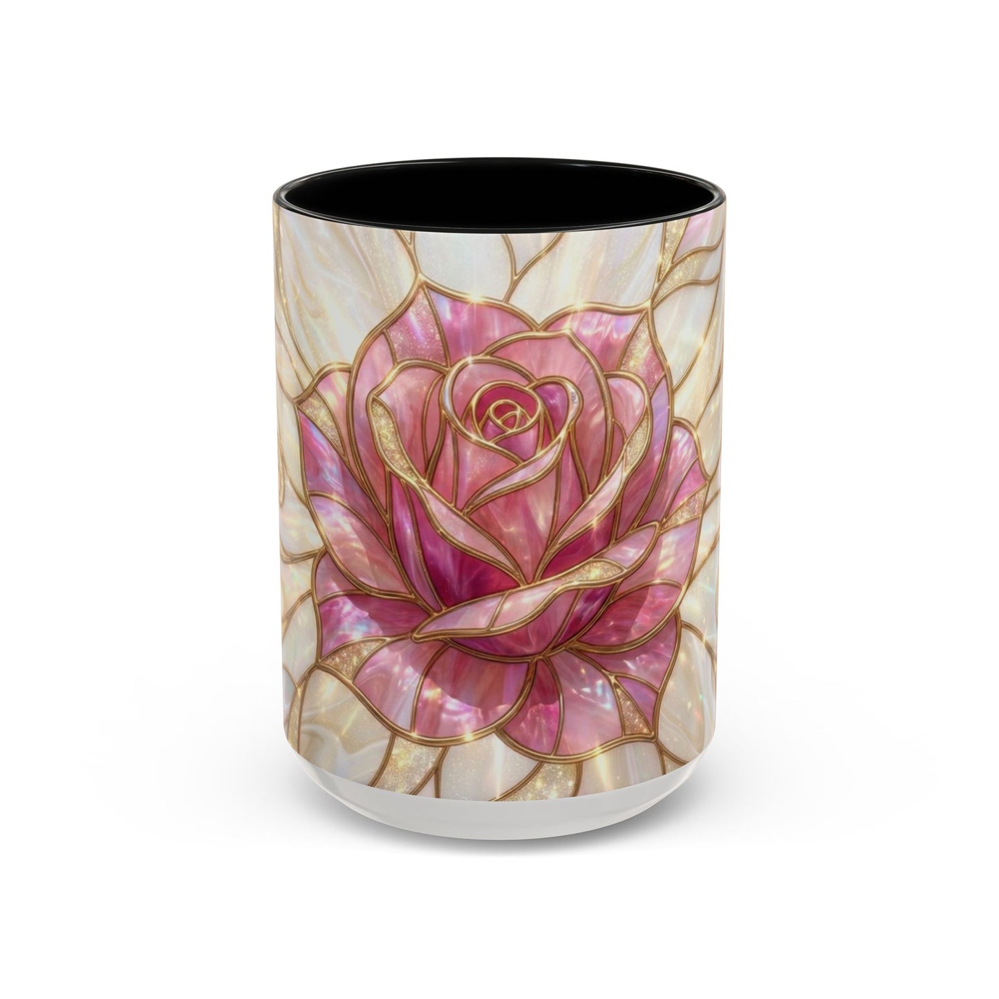 Pink Rose Stained Glass Mug, Gold Floral Coffee Cup, Romantic Flower Tea Cup, Gardener Gift For Mom, Botanical Art, Wife Birthday Gift