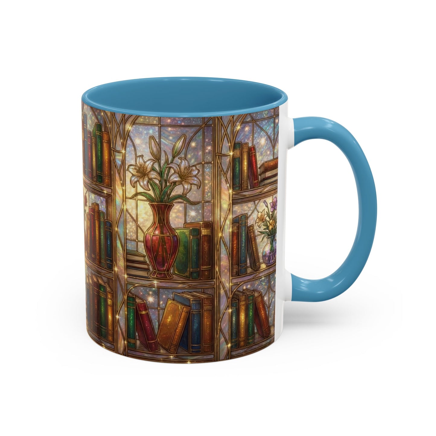 Stained Glass Books Mug, Book Lover Coffee Mug, Cozy Library Mug, Bookish Gift For Readers, Dark Academia Mug, Floral Bookshelf Cup