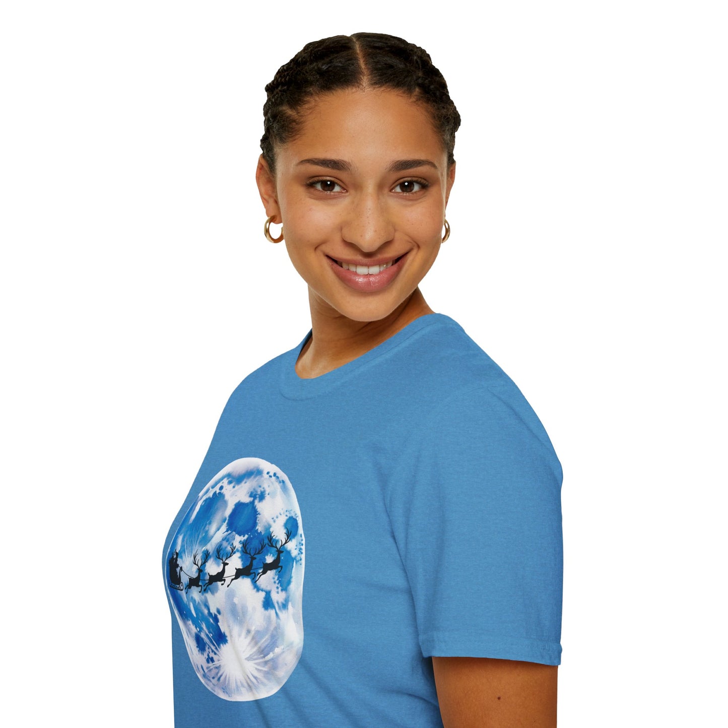 Santa Moon Christmas T-Shirt, Reindeer Sleigh Christmas Tee, Holiday Moonlight Xmas Shirt, Festive Christmas Graphic Tee, Winter Night Christmas Gift Tee