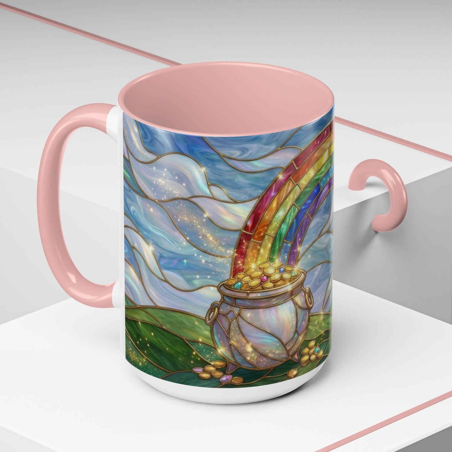 Stained Glass Rainbow Mug, Pot Of Gold Coffee Cup, St Patricks Day Gift, Whimsical Magical Art Mug, Lucky Irish Leprechaun Treasure
