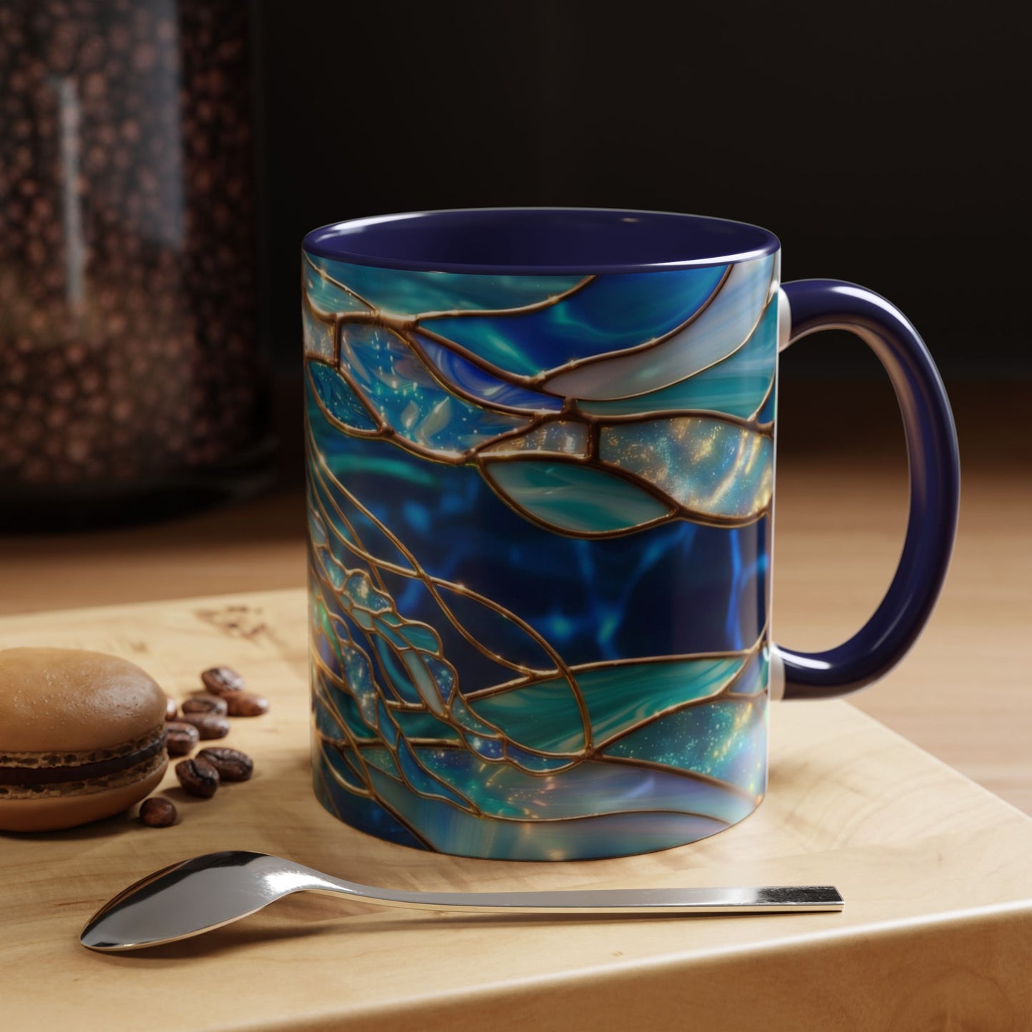 Stained Glass Jellyfish Mug, Ocean Art Coffee Cup, Nautical Sea Life Mug, Blue Teal Gold Glass Style Mug, Gift For Ocean Lovers Decor
