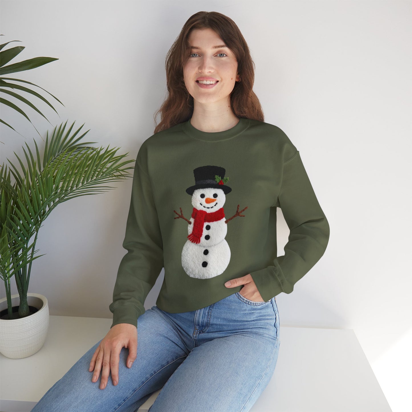 Faux Patchwork Crochet Snowman Sweatshirt, Winter Snowman Crewneck, Cozy Holiday Sweater, Christmas Sweatshirt, Festive Winter Shirt, unisex gift