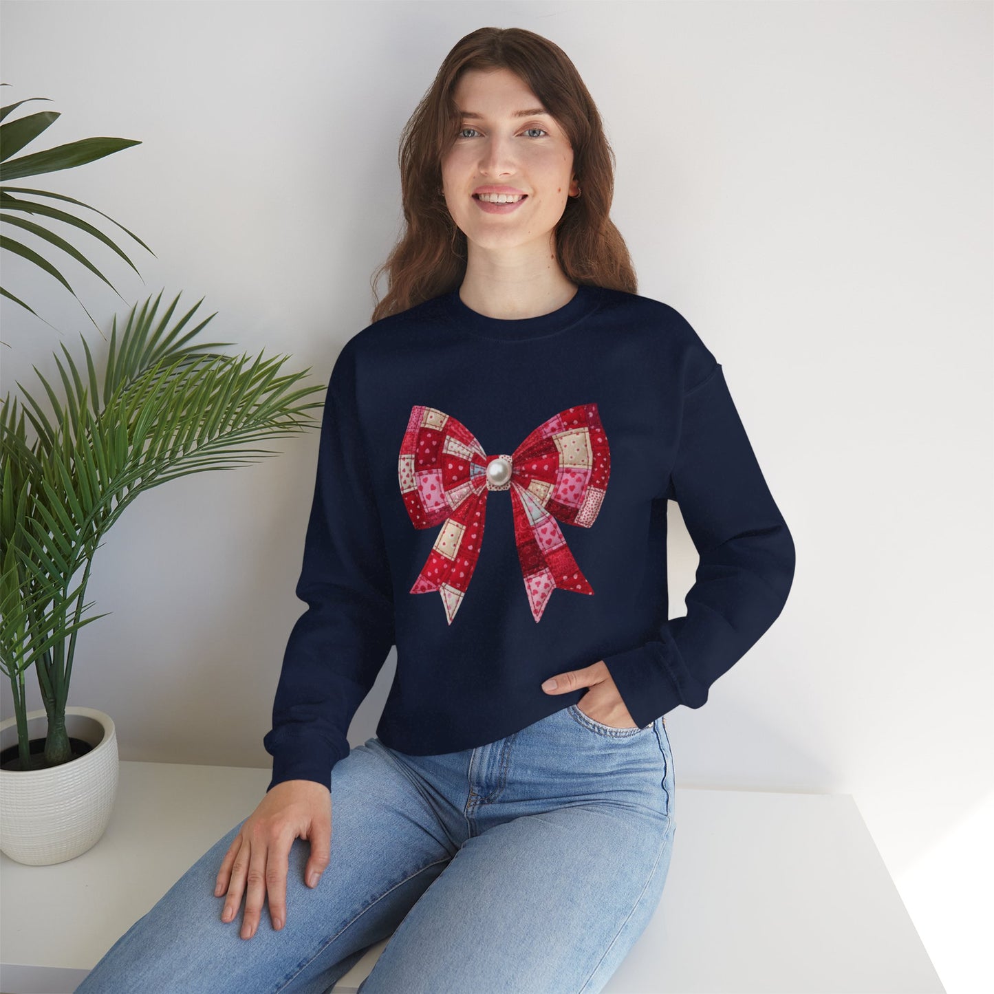 Faux Patchwork Bow Sweatshirt, Quilted Look Bow Crewneck, Pearl Center Bow Pullover, Cozy Coquette Sweatshirt, Girly Gift