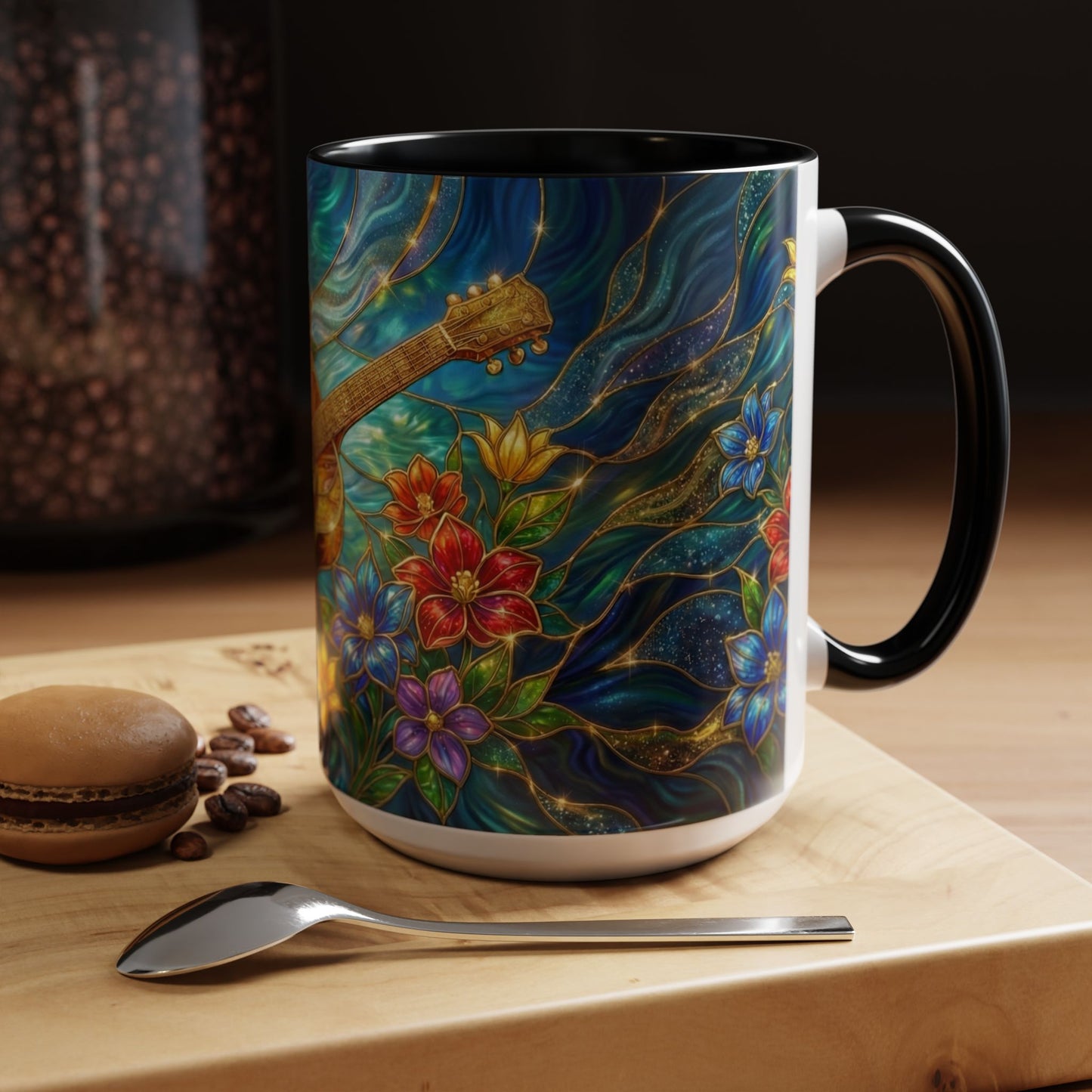 Guitar Coffee Mug, Stained Glass Guitar Art Mug, Music Lover Gift, Floral Acoustic Guitar Mug, Ceramic Coffee Cup, Unique Musician Gift, 11oz