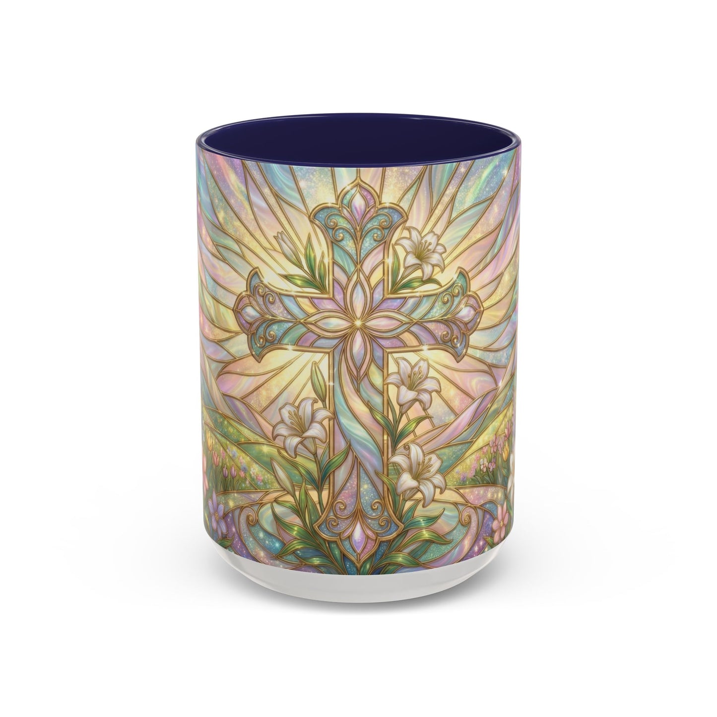 Stained Glass Cross Mug, Easter Lily Coffee Cup, Christian Religious Gift, Pastel Floral Faith Mug, Spring Believer Cup, Baptism Present
