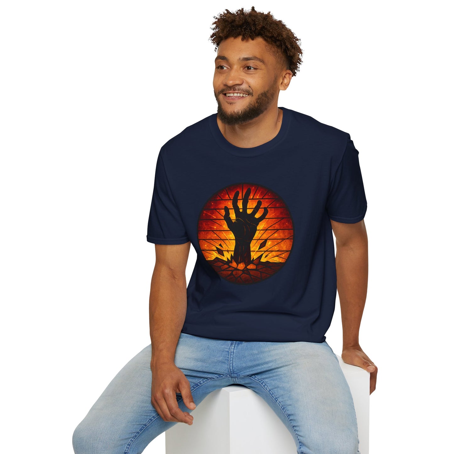 Zombie Hand Sunset T-Shirt – Stained Glass Horror Shirt, Halloween Gothic Tee, Undead Rising Art Tee, Creepy Spooky Shirt for Fall