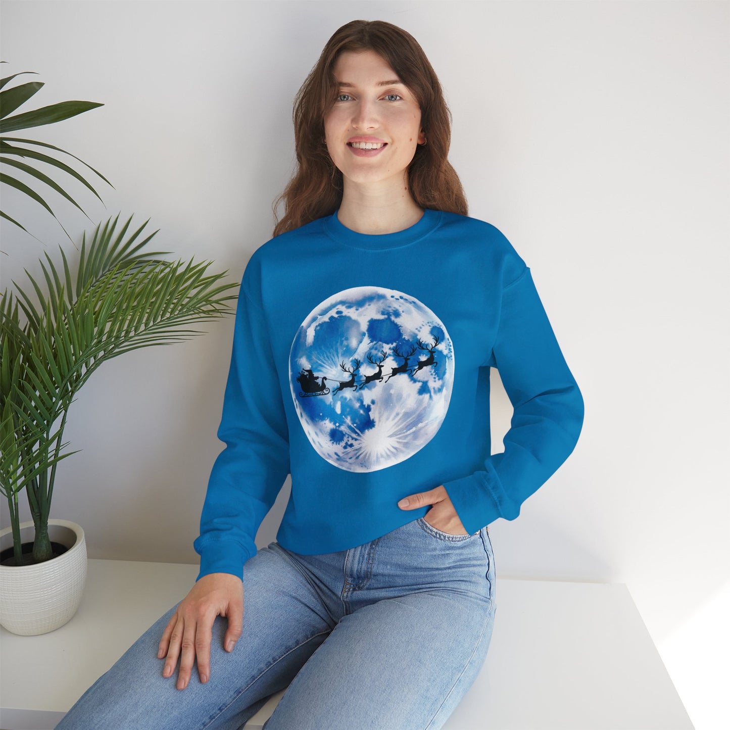 Santa And Reindeer Full Moon Christmas Sweatshirt, Holiday Night Sky Sweater, Cozy Unisex Crewneck, Festive Gift For Christmas Lovers