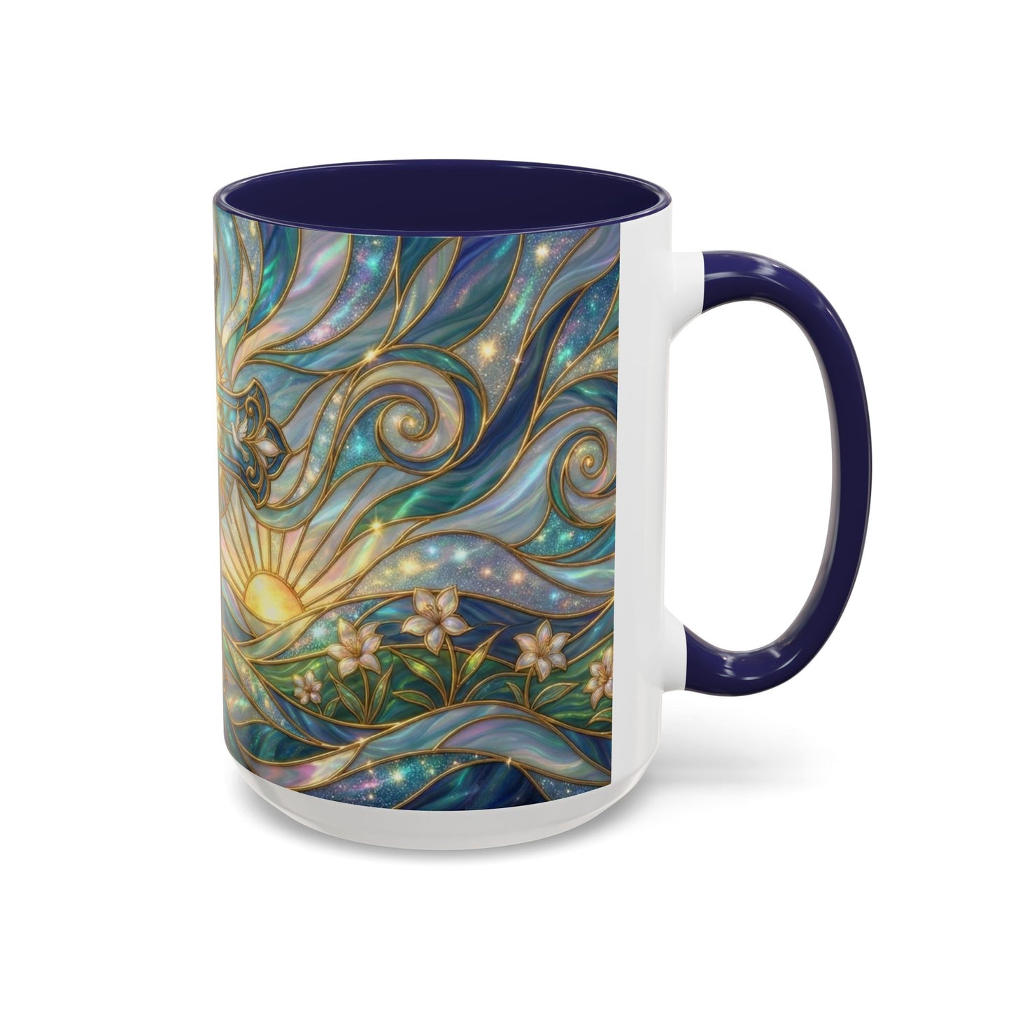 Stained Glass Cross Mug, Christian Coffee Cup, Religious Easter Gift, Celestial Faith Mug, Spiritual Sunrise Cup, Dove Lily Print Mug