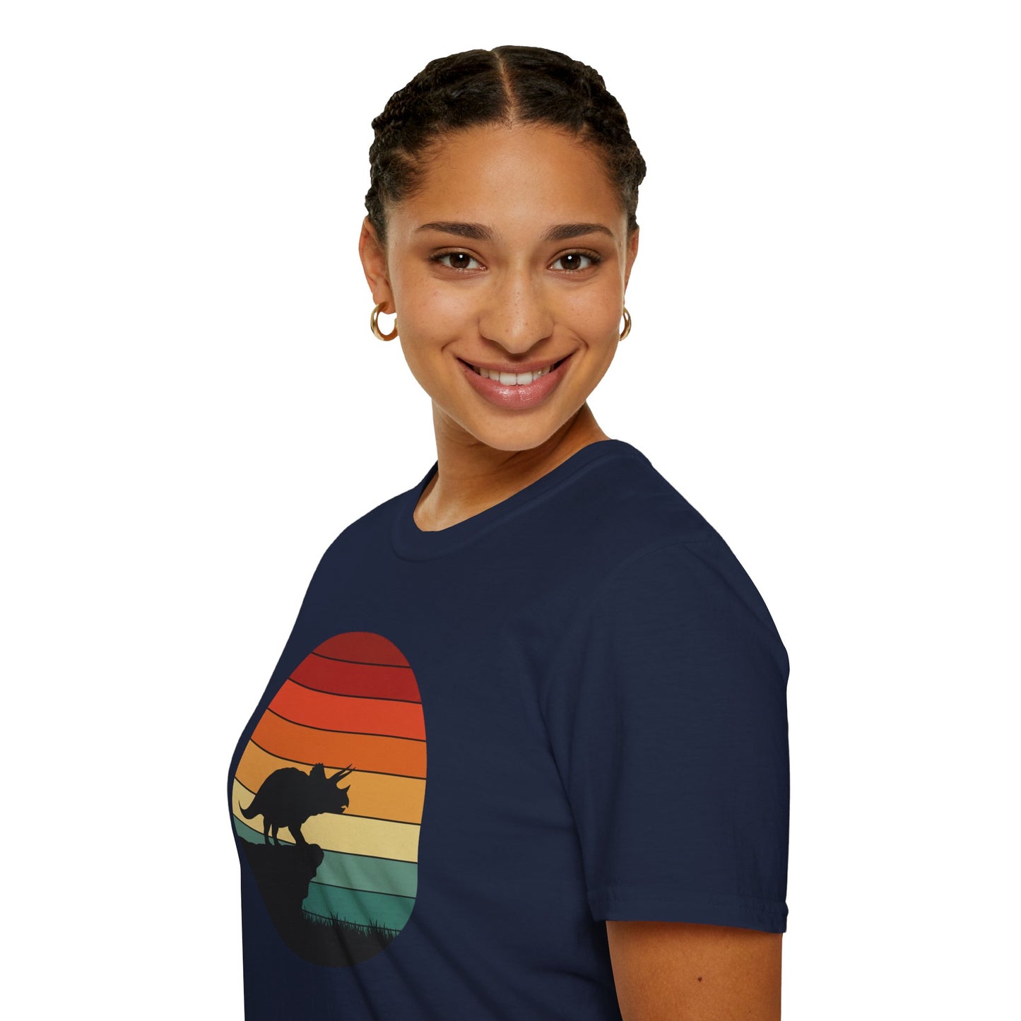 Retro Triceratops Sunset T-Shirt - Vintage Dino Graphic Tee - Unisex Softstyle Dinosaur Shirt - Nature and Prehistoric Lover Gift