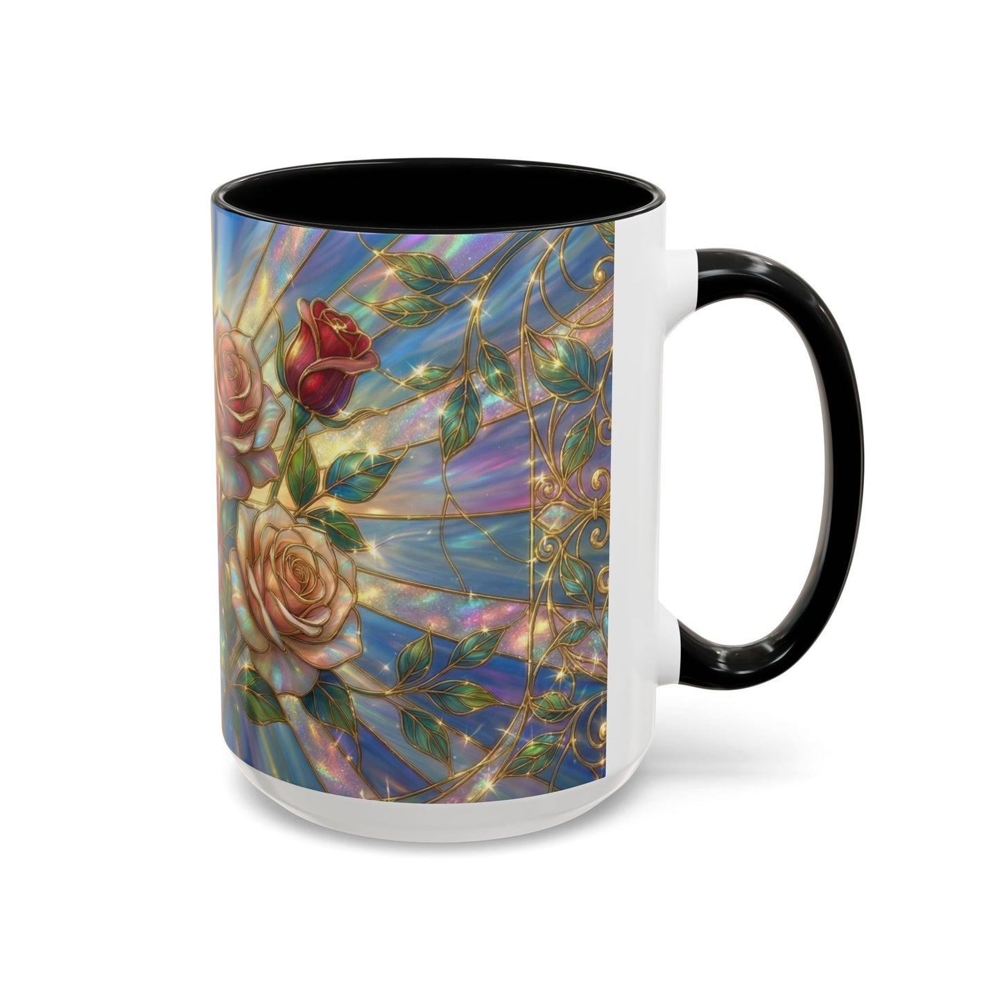 Stained Glass Rose Mug, Floral Art Coffee Cup, Elegant Rose Flower Mug, Blue Gold Glass Style Design, Romantic Gift For Her Decor