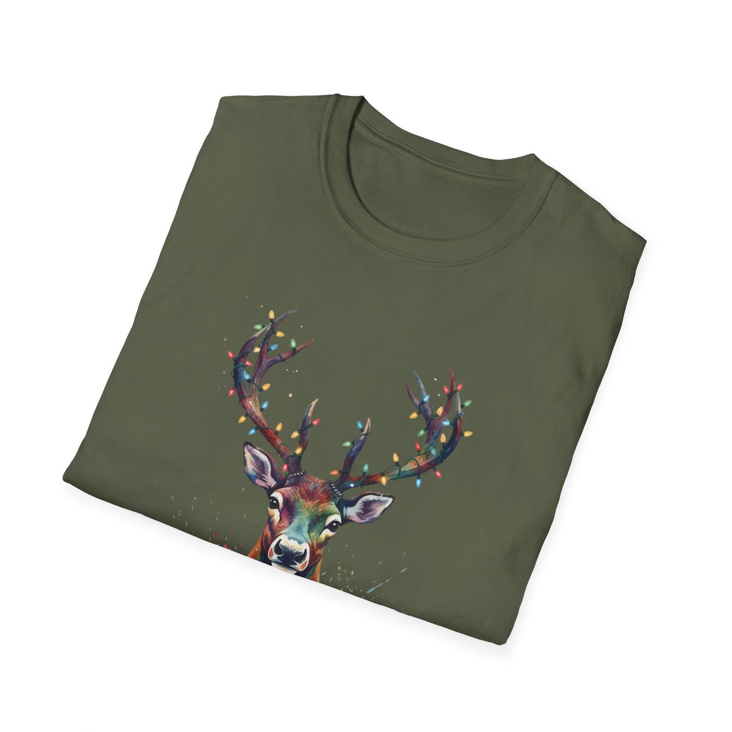 Christmas Deer Shirt, Watercolor Buck T-Shirt, Deer With Christmas Lights Tee, Holiday Wildlife Art Shirt, Colorful Deer Head Xmas Tee