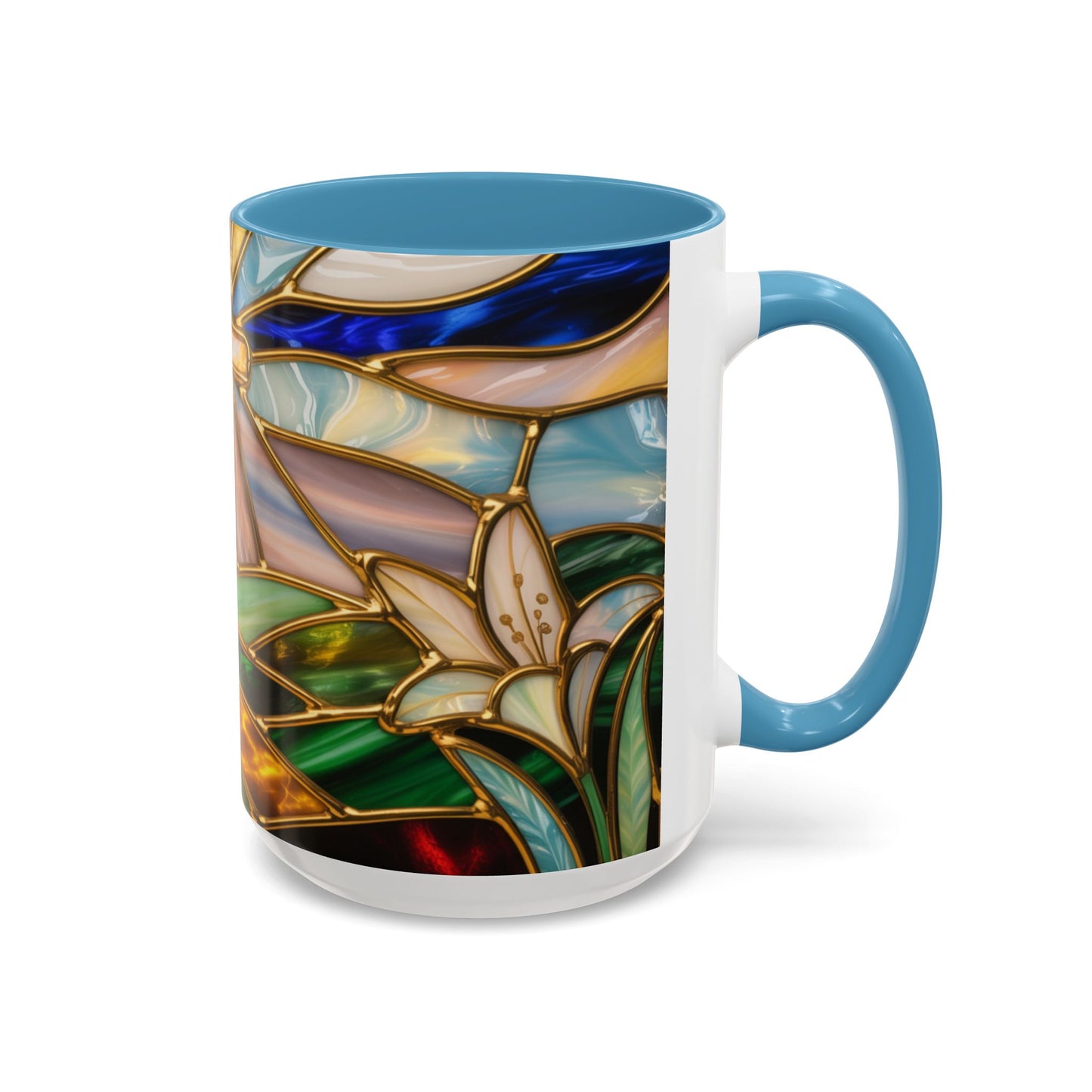 Stained Glass Cross Mug, Christian Sunrise Coffee Cup, Religious Floral Art Mug, Inspirational Faith Gift For Women, Colorful Stained Glass Design