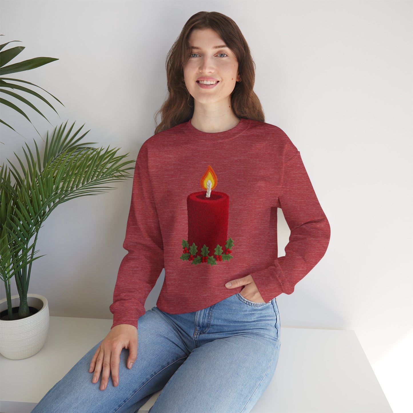 Faux Patchwork Crochet Candle Sweatshirt, Christmas Candle Sweater, Holiday Cozy Winter Crewneck, Cute Xmas Candle Sweatshirt, Unisex Holiday Top