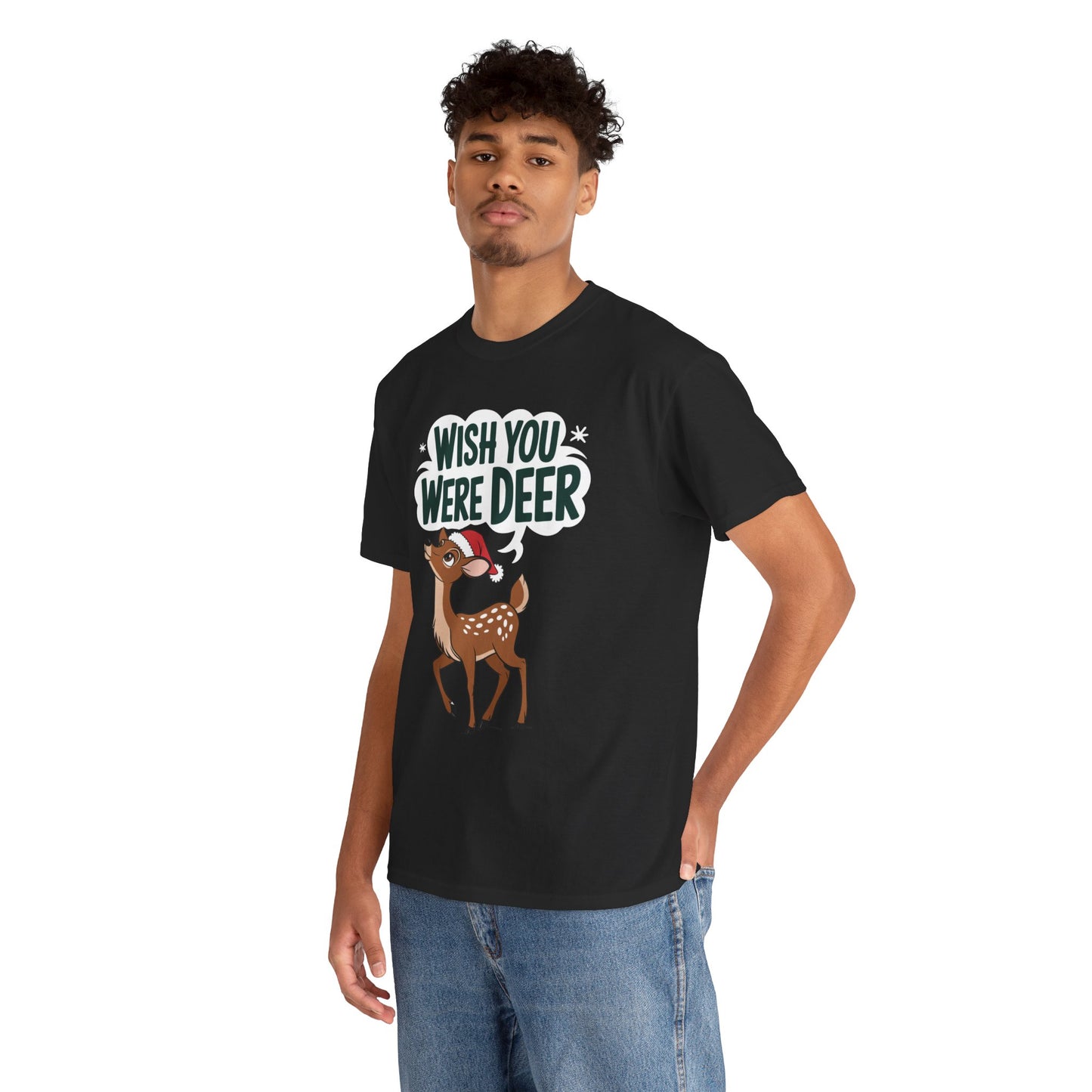 Wish You Were Deer Funny Christmas T-Shirt, Cute Reindeer Holiday Tee, Pun Christmas Shirt, Festive Santa Hat Deer Graphic Tee Gift